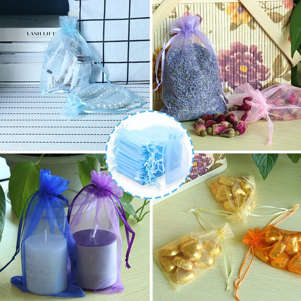 Leeyunbee 100 szt. Jasnoniebieskie woreczki z organzy 10 x 15 cm woreczki z organzy, woreczki, na prezent, biżuteria, ślubne torebki na cukierki, na imprezę festiwalową i wesele, satynowy sznurek