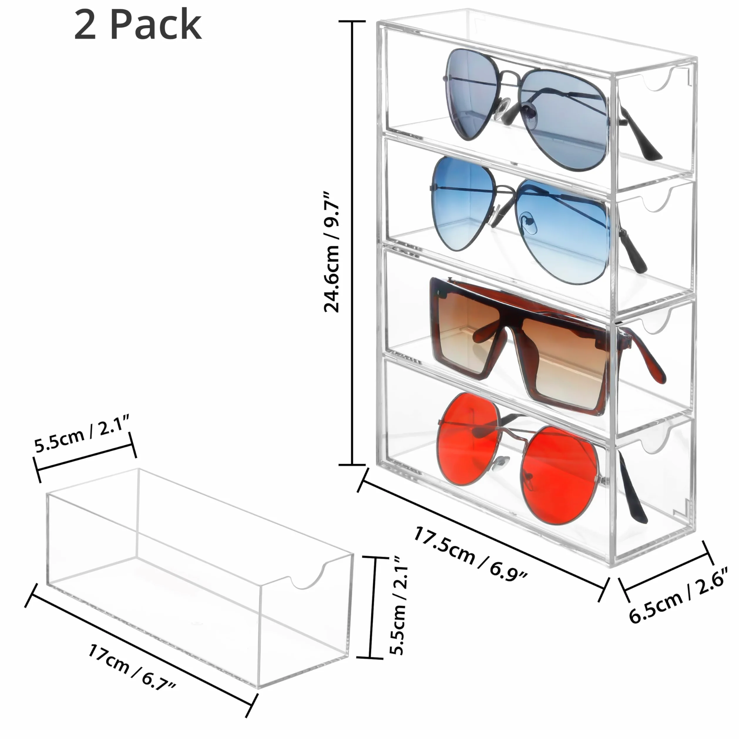 Winter Shore Organizer na Okulary z Akrylu z 4 Szufladami [Zestaw 2szt.] - Przezroczysty Pojemnik na Okulary, Okulary Przeciwsłoneczne i Akcesoria - Zestaw 2 Stosowalnych Organizerów na 8 Par Okularów