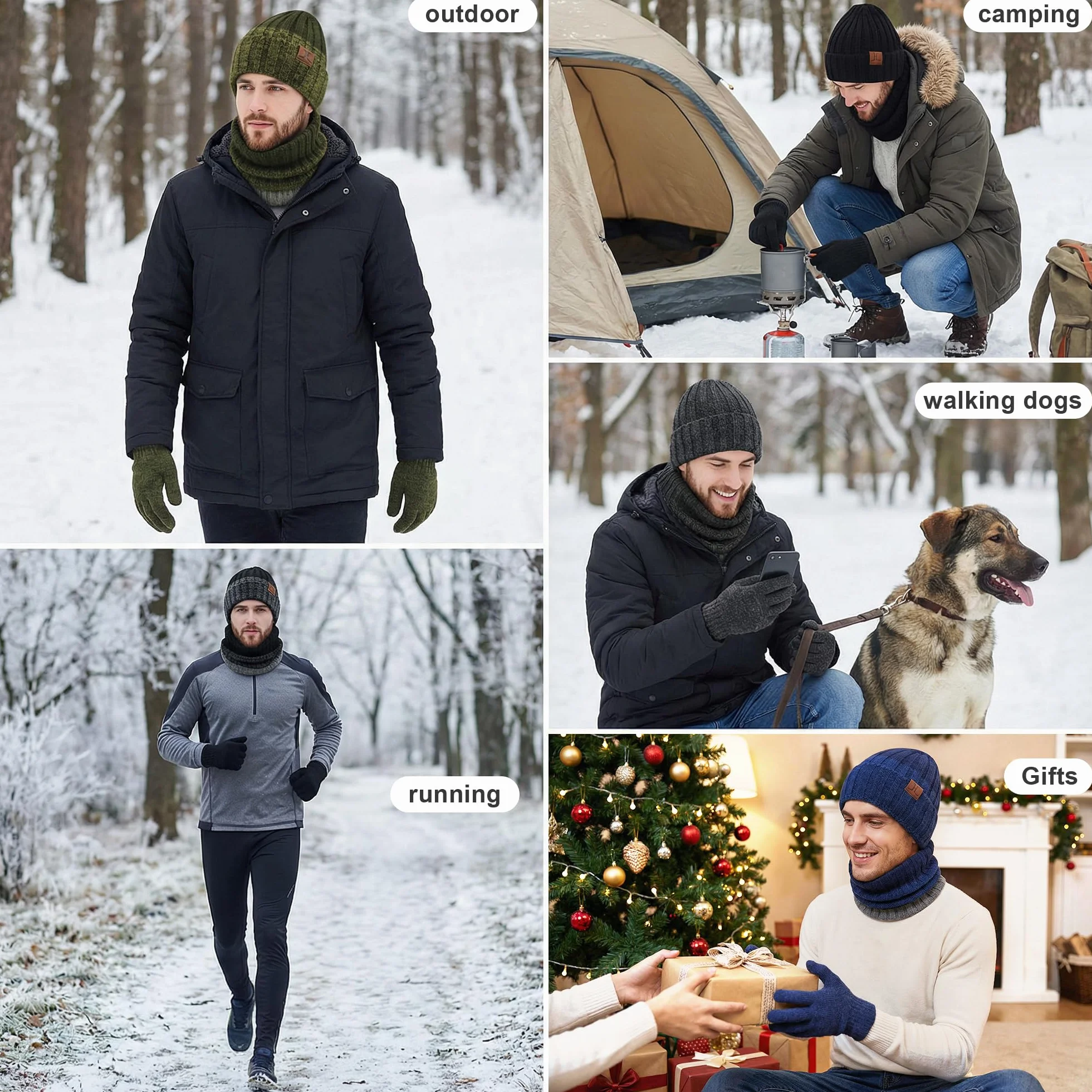 ZASFOU Męska zimowa czapka beanie, szalik, ekran dotykowy, zestaw rękawiczek, ciepła czapka zimowa, czapka z dzianiny, szal kominowy, rękawiczki zimowe, prezent na Boże Narodzenie, dla mężczyzn