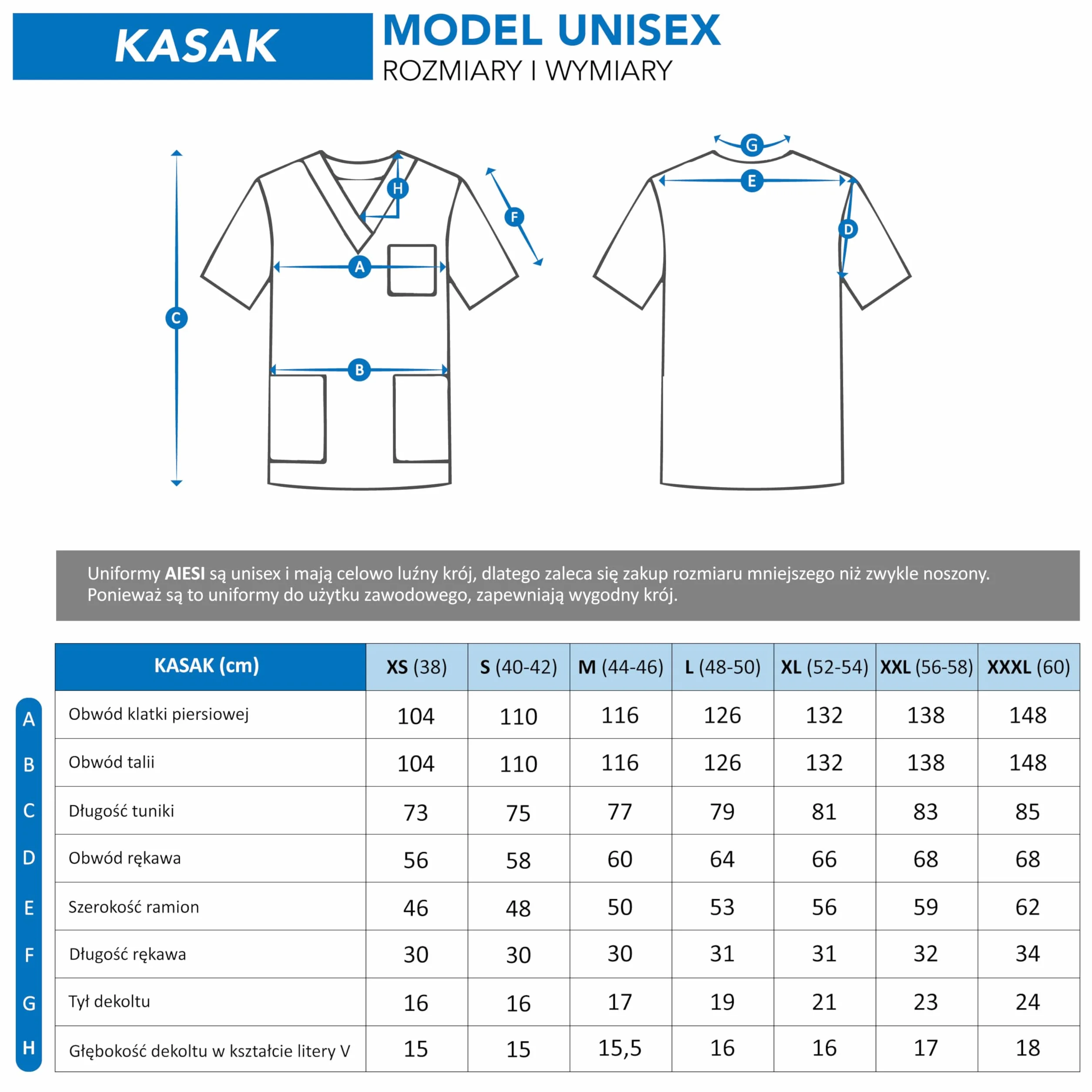 AIESI® mundur sanitarny mężczyźni kobiety bawełna 100% sanforyzowane spodnie i rozmiar V