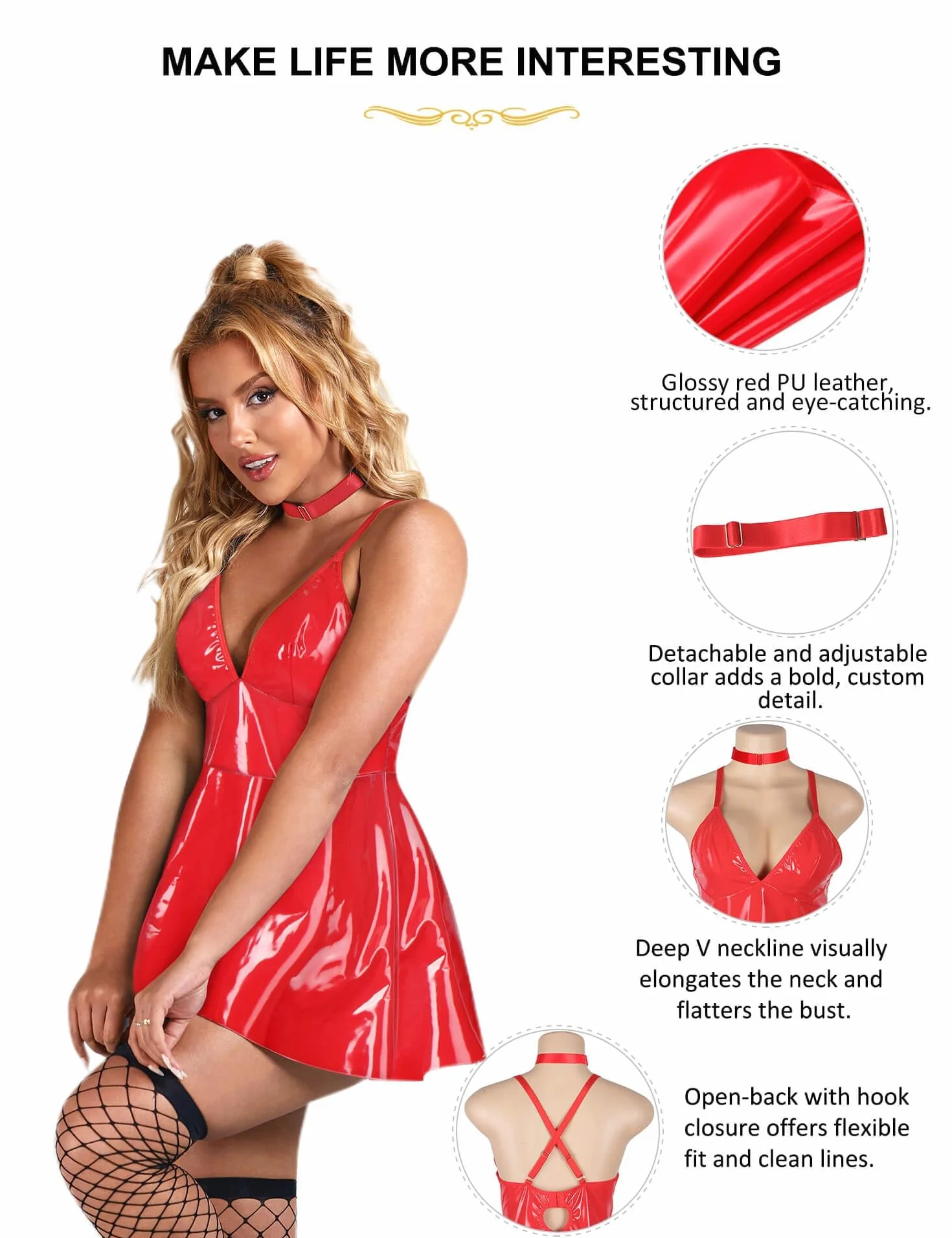 Skórzana sukienka damska wetlook, seksowna, duże rozmiary, bielizna PU, dekolt w serek, minisukienka z odkrytymi plecami, erotyczna bielizna z kołnierzem, lakierowana sukienka, bielizna