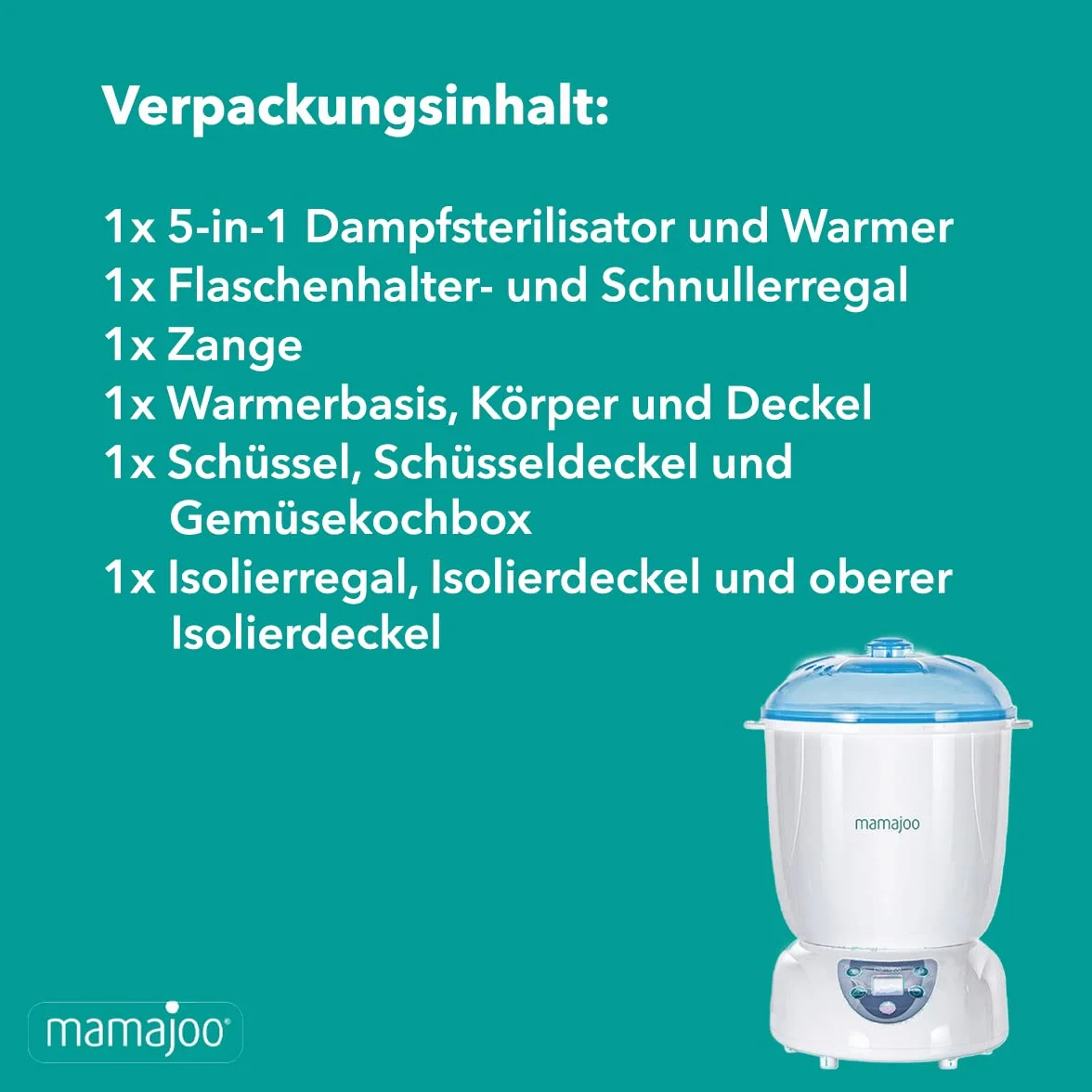 Mamajoo MMJ2025 Cyfrowy Sterylizator Parowy 5-w-1, Biało/Niebieski