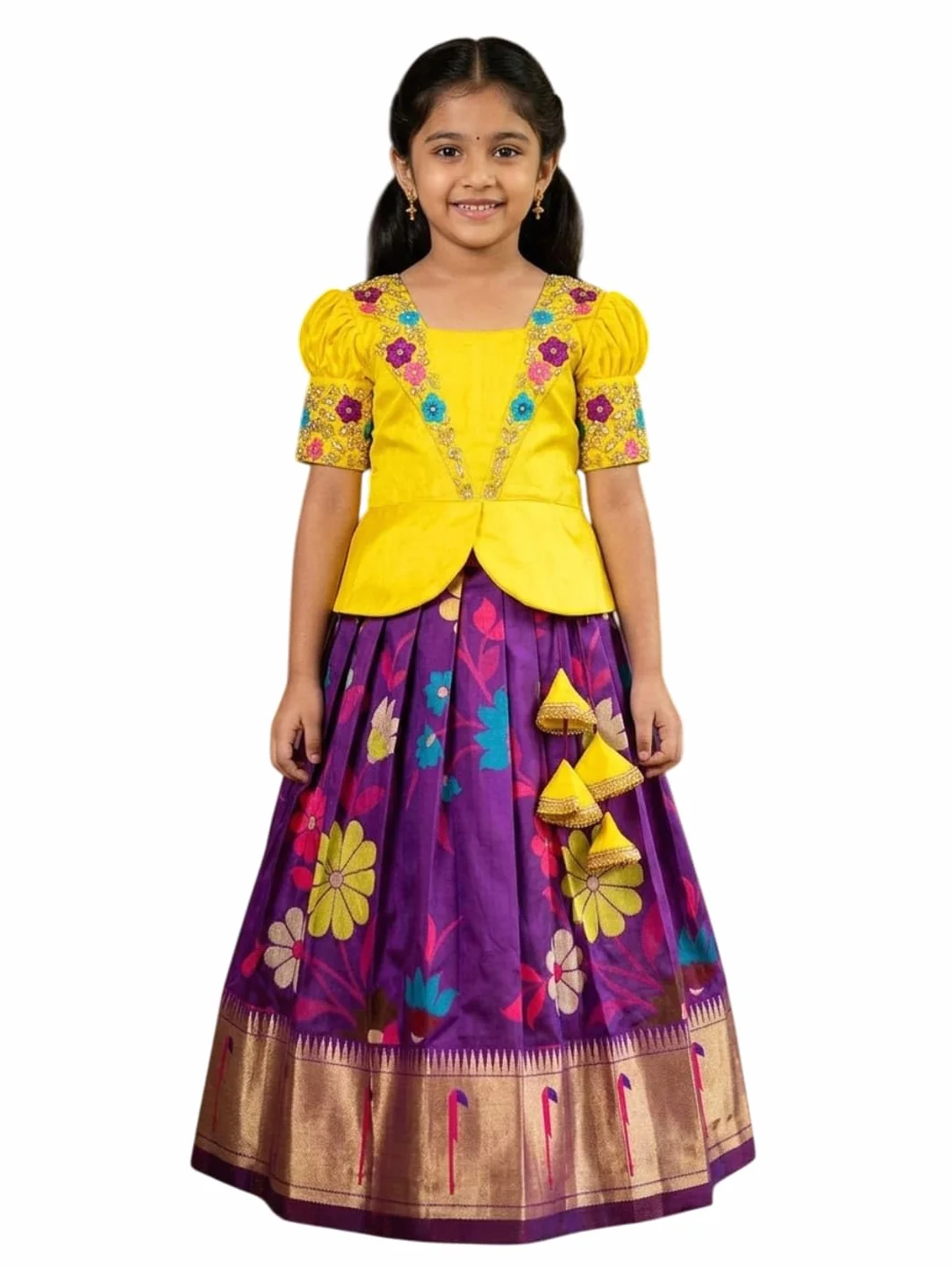 White Button Satin New South Indian Traditional Collar Digital Pattu Pavadai Readymade Lehenga Choli For Girl's Dress