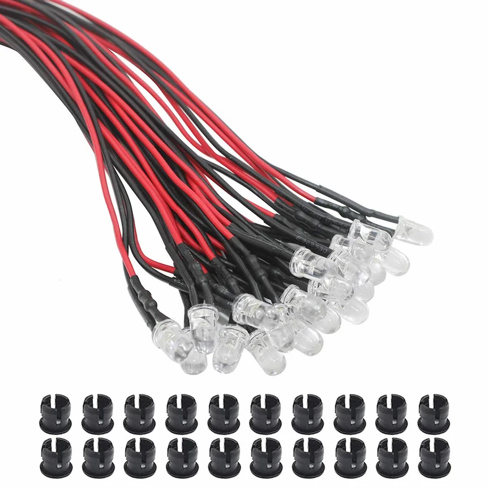 20 szt. 5 mm ultra jasne 12 V wstępnie przewodowe diody LED + 20 szt. 5 mm plastikowy uchwyt LED oświetlenie uchwyty montażowe (ciepła biel)