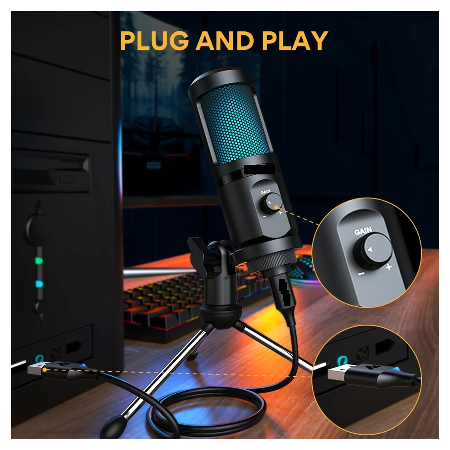 Gaming USB Microphone Desktop Condenser Podcast Microfono Recording Streaming Microphones with Breathing Light