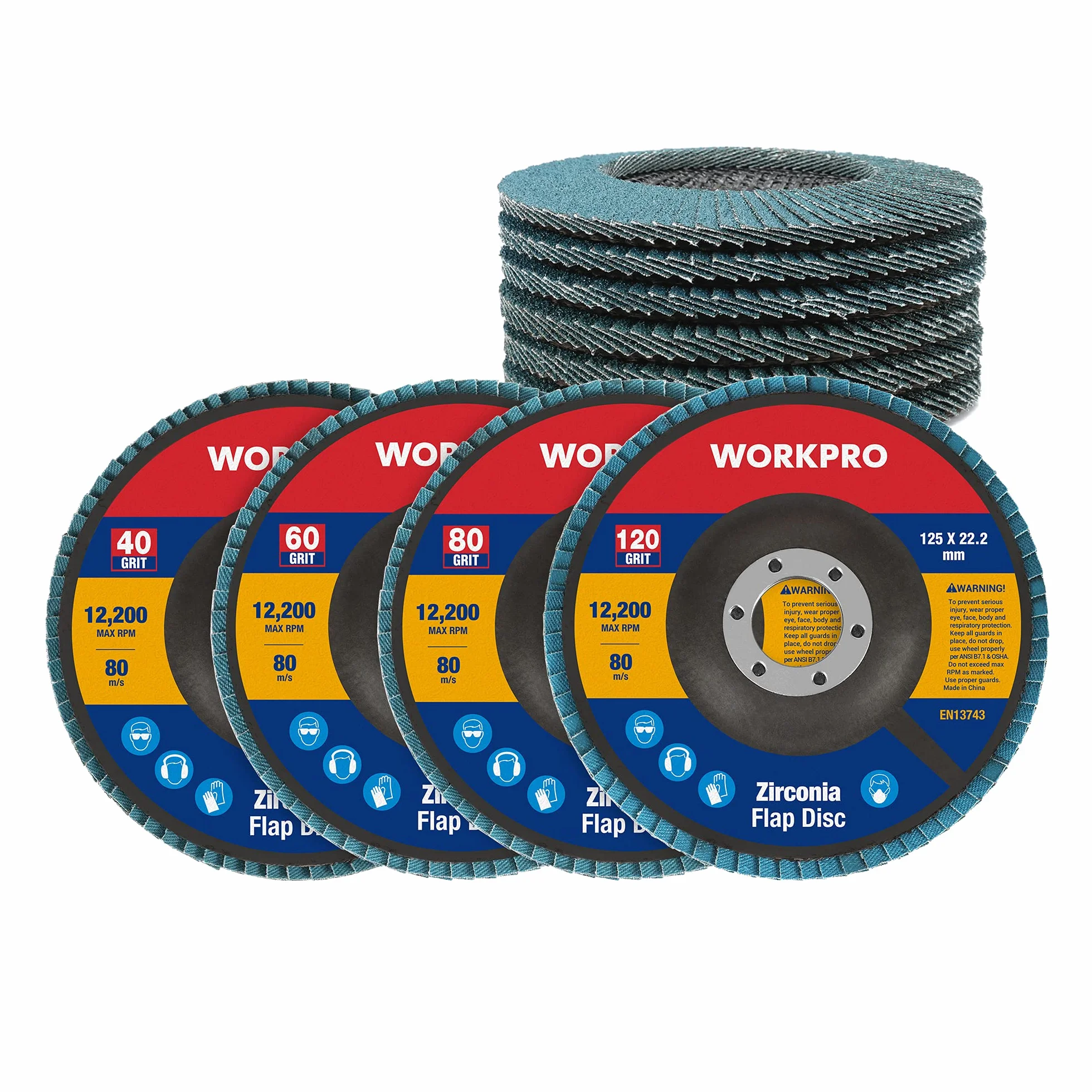 WORKPRO Profesjonalne tarcze wachlarzowe, 10 sztuk, Ø 125 mm x 22,2 mm, ziarnistość 40/60/80/120, niebieskie standardowe talerze szlifierskie do stali nierdzewnej