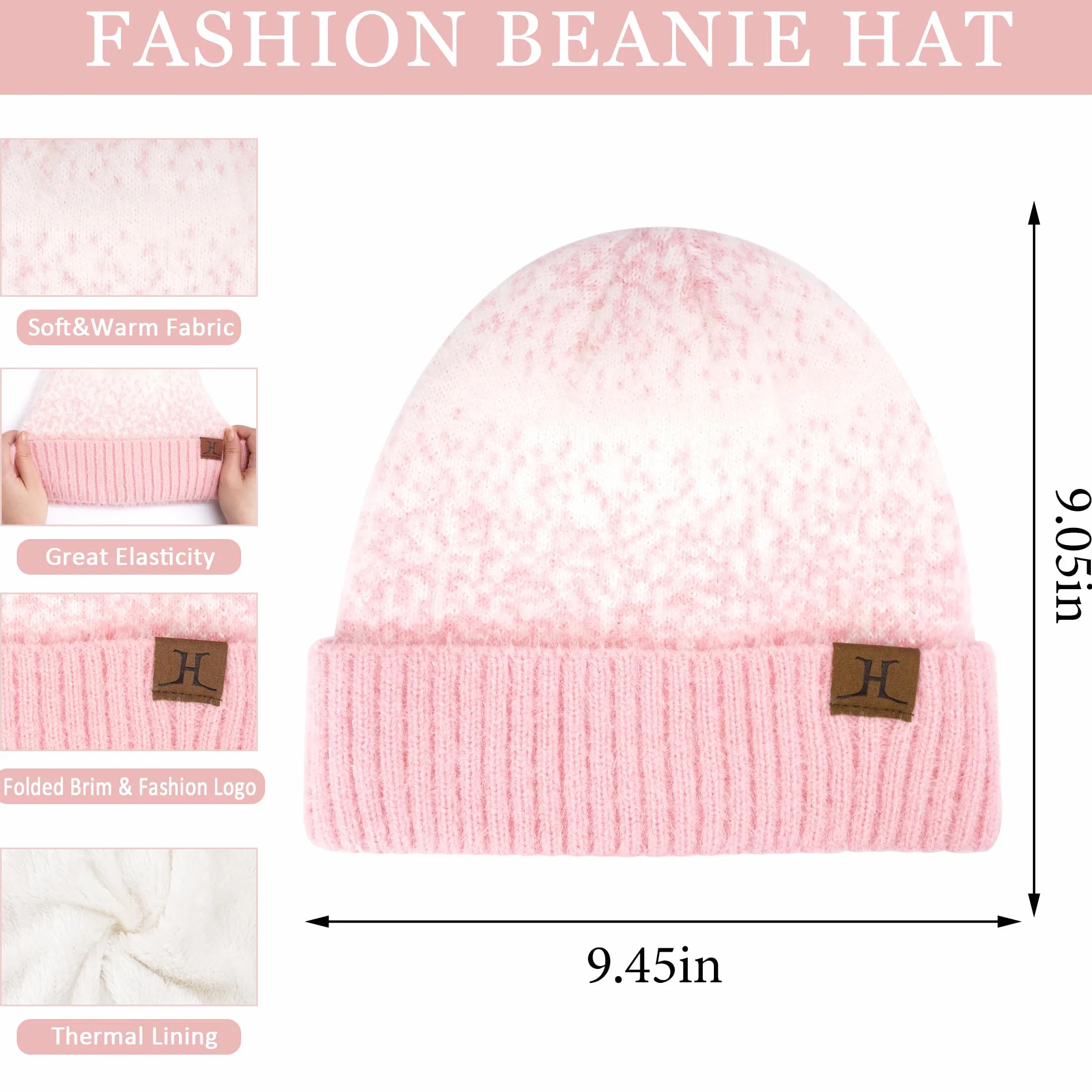 Czapka beanie zimowa damska, rękawiczki i szalik z podszewką polarową, różowo-biały, jeden rozmiar