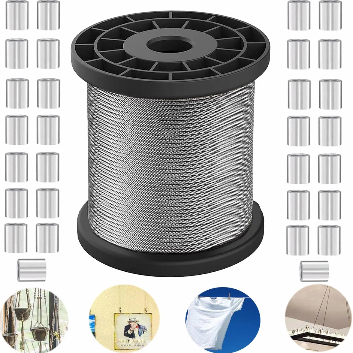50 m Stahlseil 1 mm Linka Stalowa, 304 Stahl Drut Stalowy 7 x 7 Miękka/Elastyczna, 40 Szt. M1 Aluminiowa Tuleja Zaciskowa do Liny Stalowej, Zawieszenia, Zasłony, Kabla ze Stali Nierdzewnej