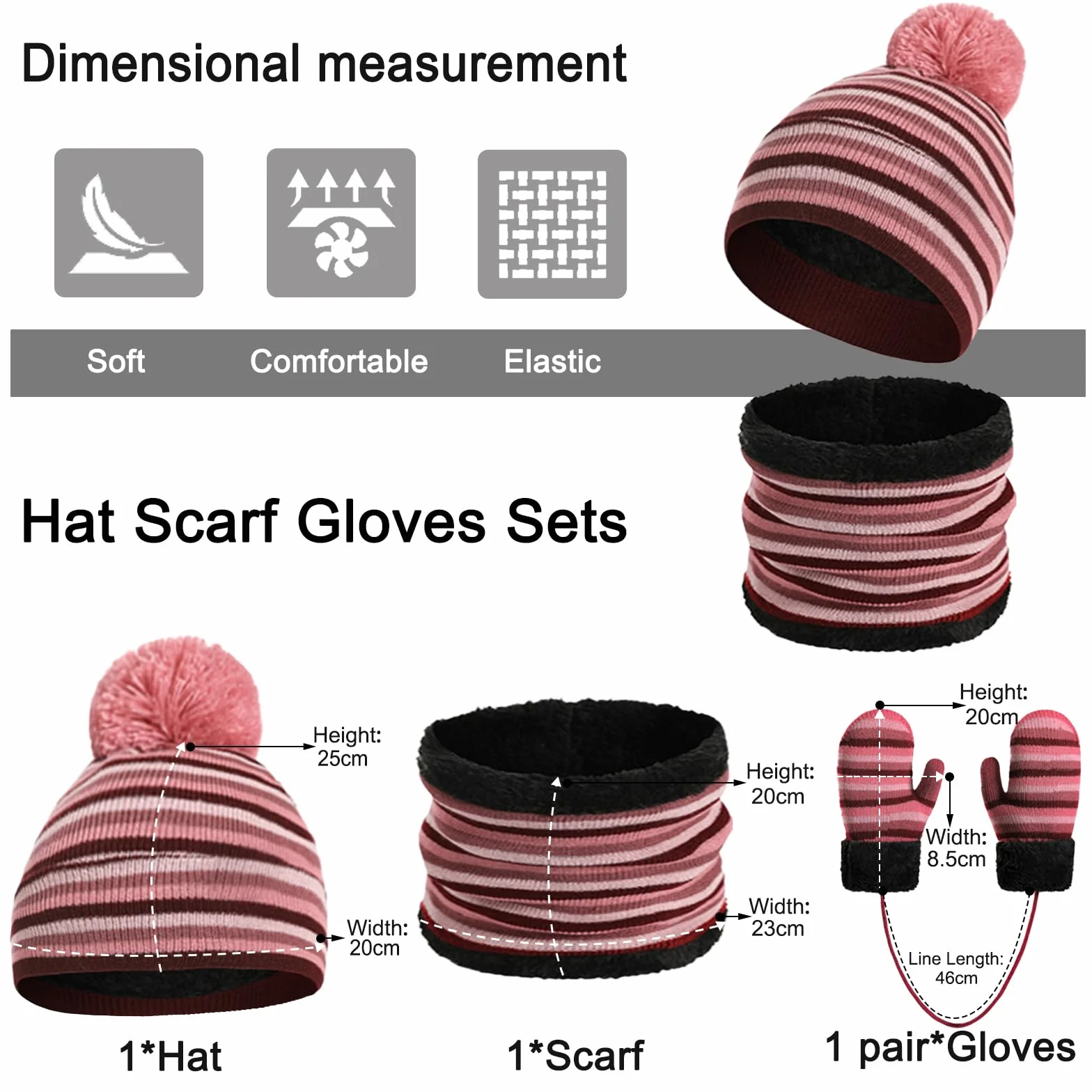 Enwokran Dziecięcy zimowy pompon czapka beanie szalik rękawiczki zestaw ciepła dzianinowa czapka rękawiczki i polar ocieplacz na szyję szalik 3 szt. dla chłopców i dziewcząt w wieku 2-6 lat