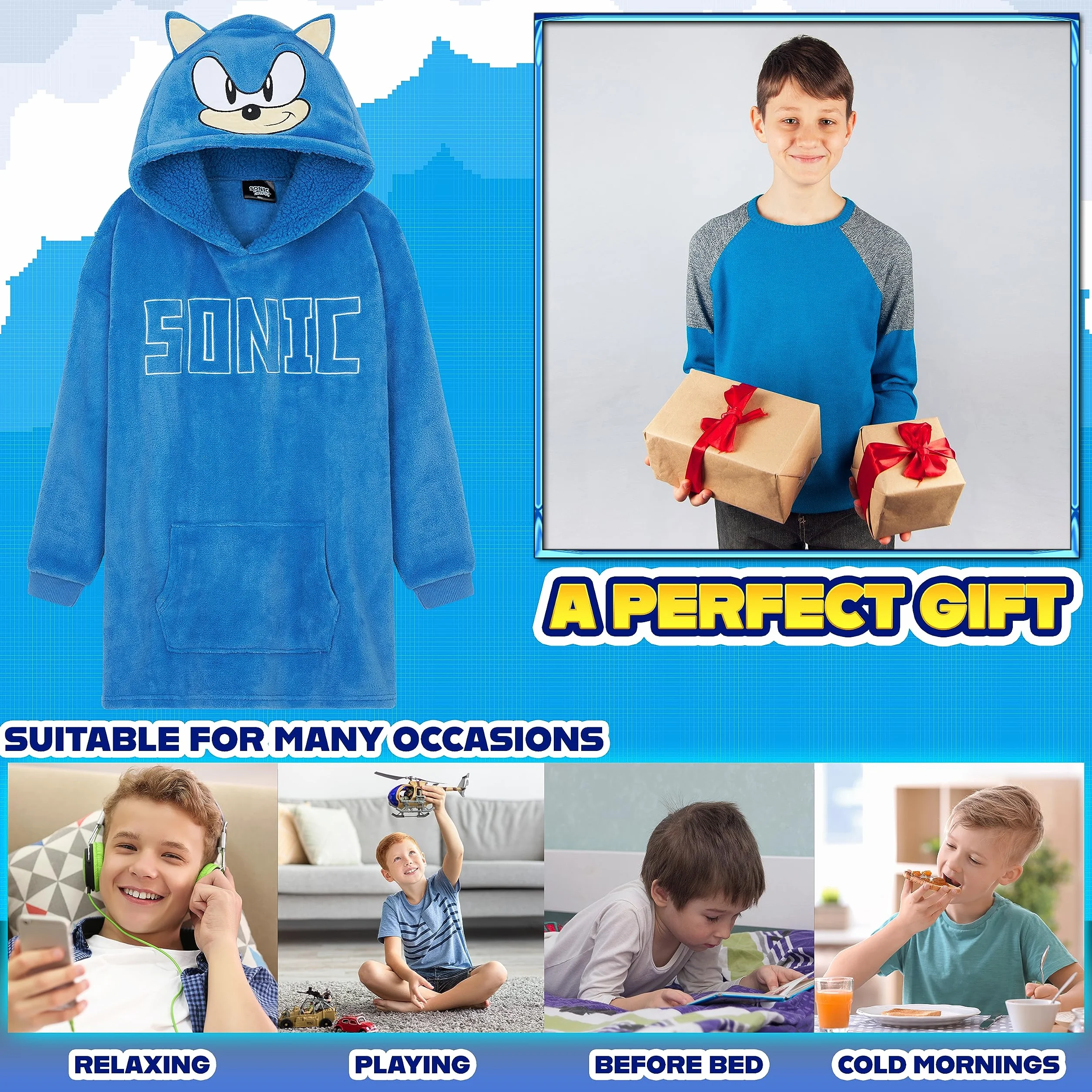 Sonic The Hedgehog Polarowy koc z Kapturem dla Chłopców i Nastolatków Ponadwymiarowe Polarowe Ponczo Jeden Rozmiar Prezenty dla Chłopców