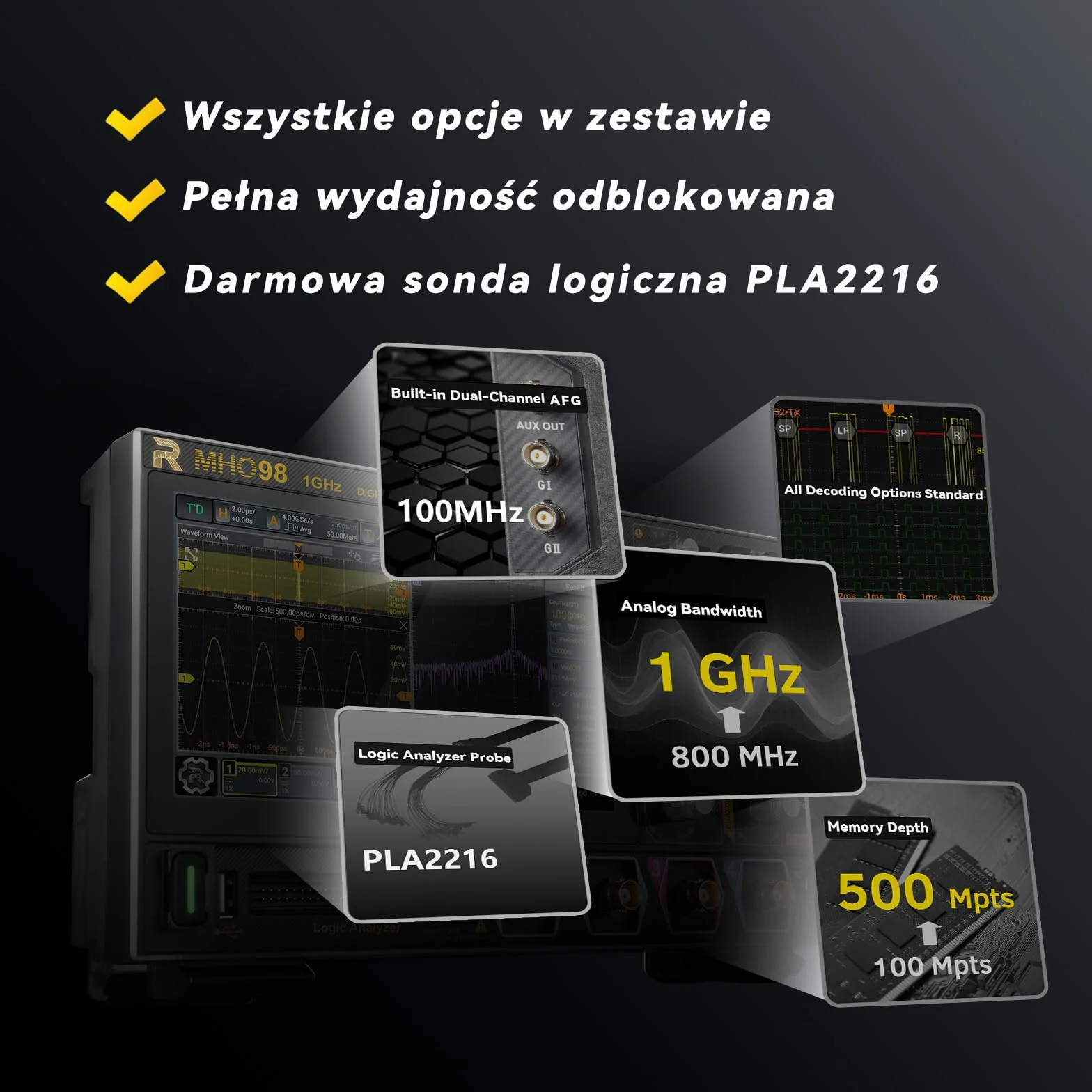 RIGOL MHO98 Oscyloskop Cyfrowy, 1GHz, 4GSa/s, 12-bit, 4+16 Kan., Wbudowany AFG, Wi-Fi & Bluetooth, Zasilanie Type-C, Ultra-przenośny