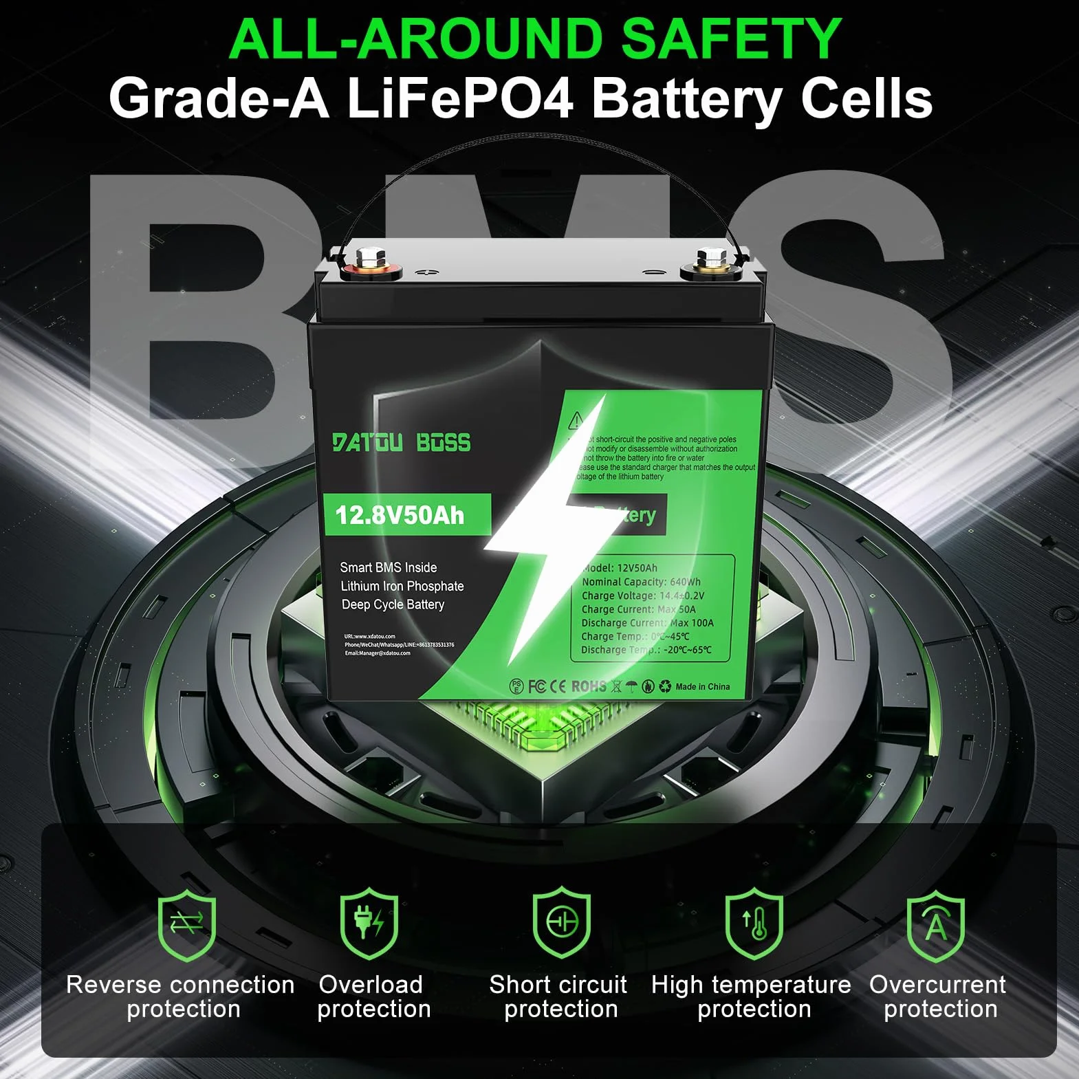 DATOUBOSS 12V 50Ah Akumulator LiFePO4 [Zestaw 2], BMS 50A, Ogniwa Grade-A, 15000 Cyklów, Lekki do Kampera, Łodzi, Silnika Trollingowego, Kempingu i Systemów Solarnych
