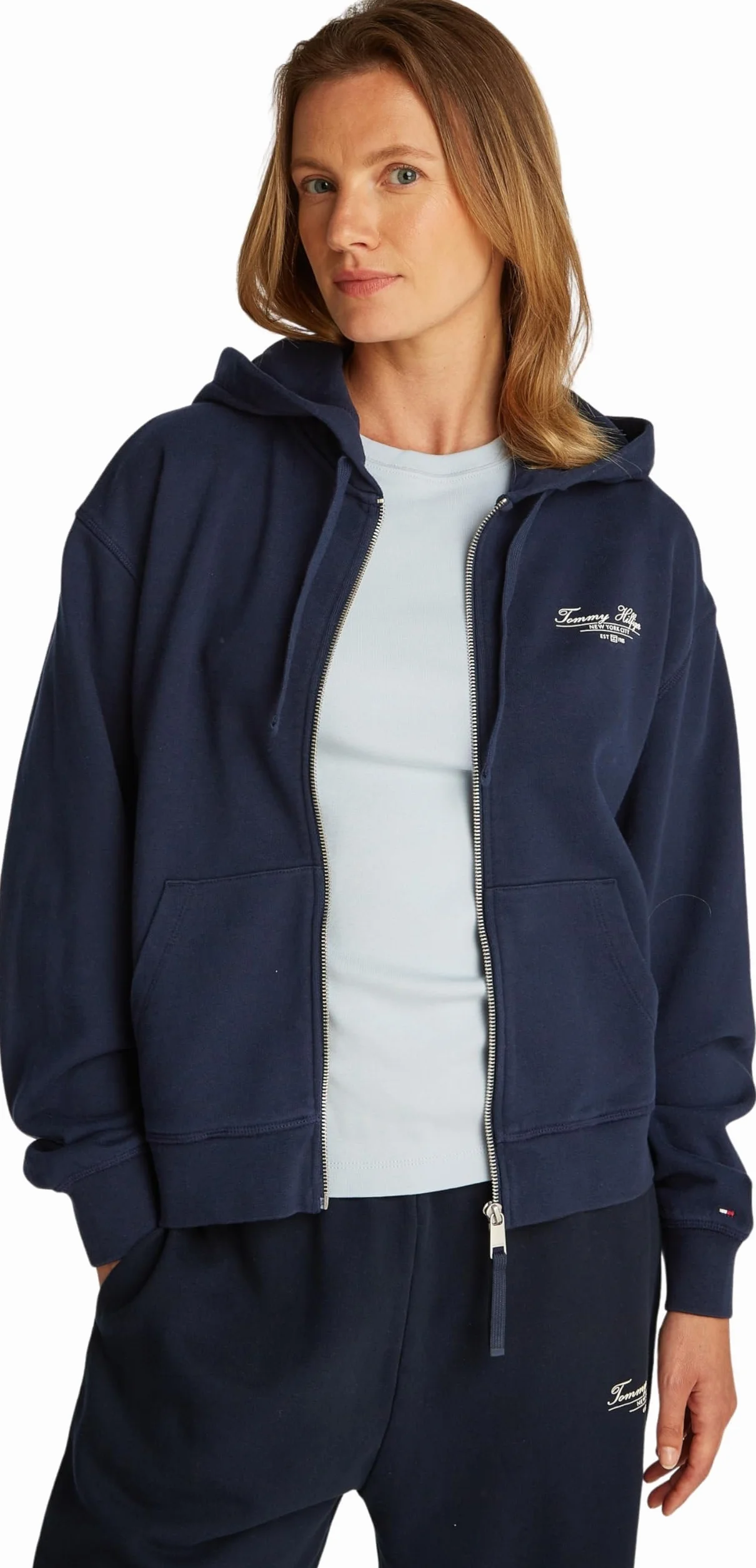 Tommy Hilfiger Damska bluza z kapturem REG Script Zip WW0WW44632, Niebieski (Dark Night Navy), XS