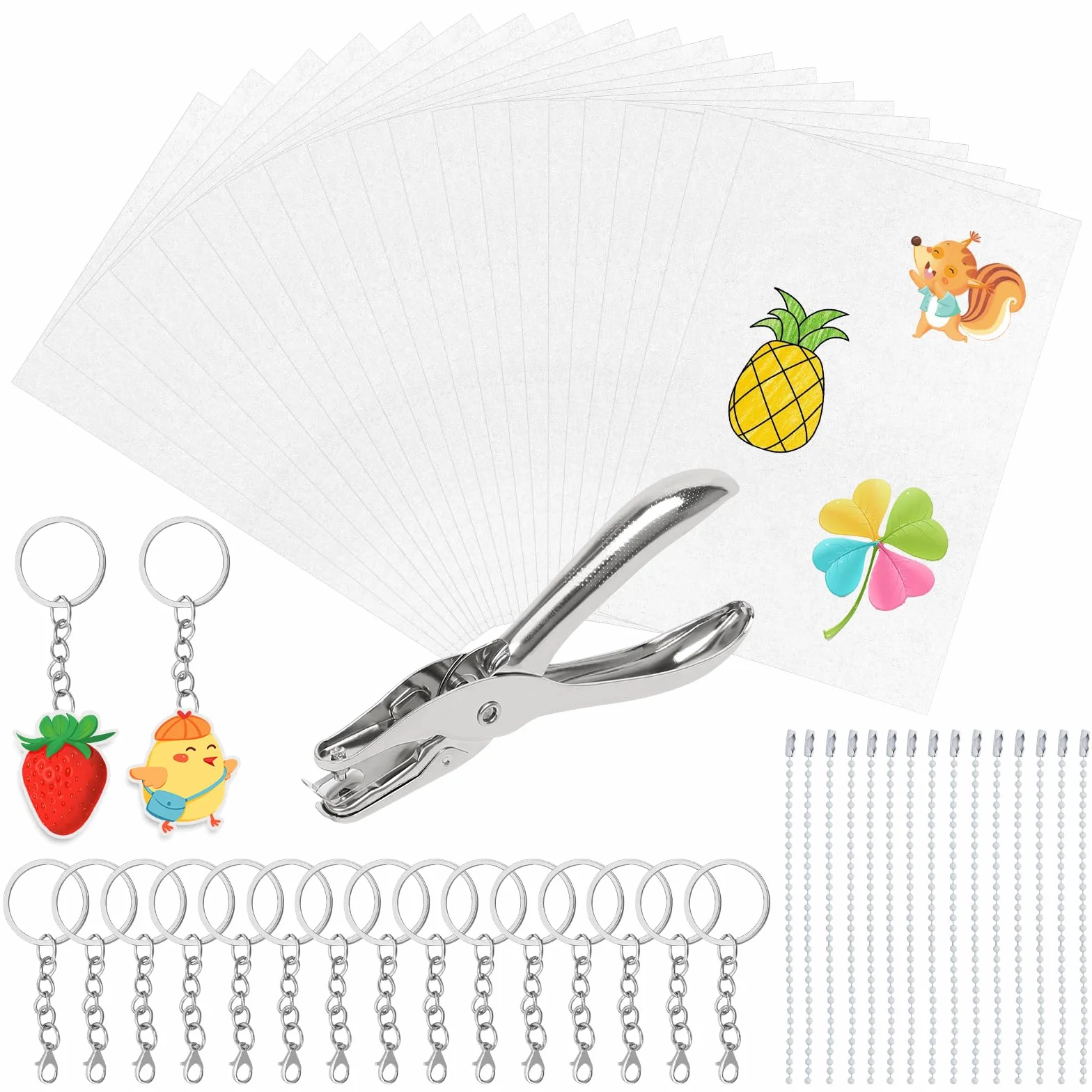 Juibao Zestaw 51 sztuk folii termokurczliwej, 20 arkuszy papieru termokurczliwego z breloczkiem do kluczy, łańcuszek kulkowy i dziurkacz, kurczliwa folia plastikowa do breloczków do kluczy, zawieszek