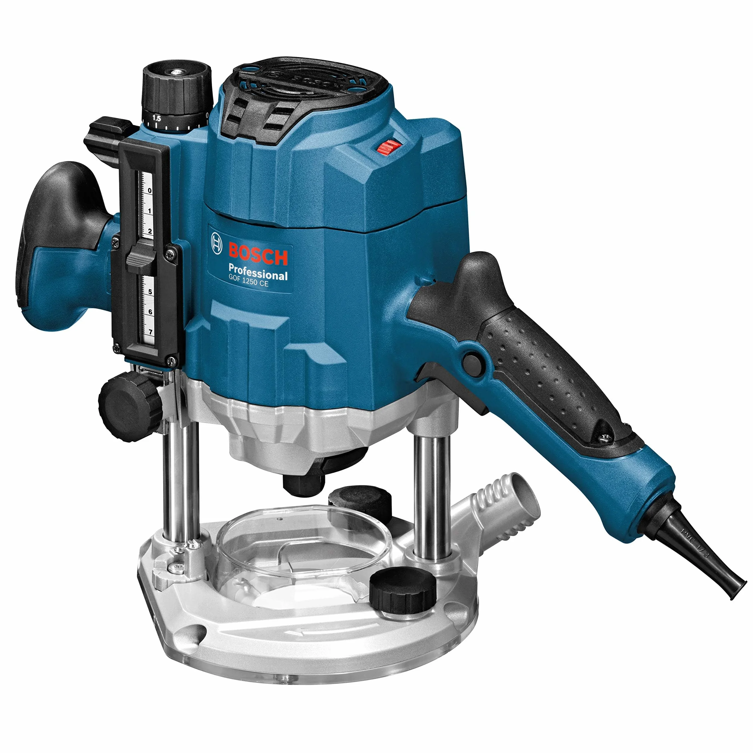 Bosch Professional: frezarka górnowrzecionowa GOF 1250 CE (1 250 W, prędk. obr. bez obc. 10 000 – 24 000 min–1, adapt. do bolców kopiuj., prow. równol., klucz płaski 19 mm, tuleja zacisk.)