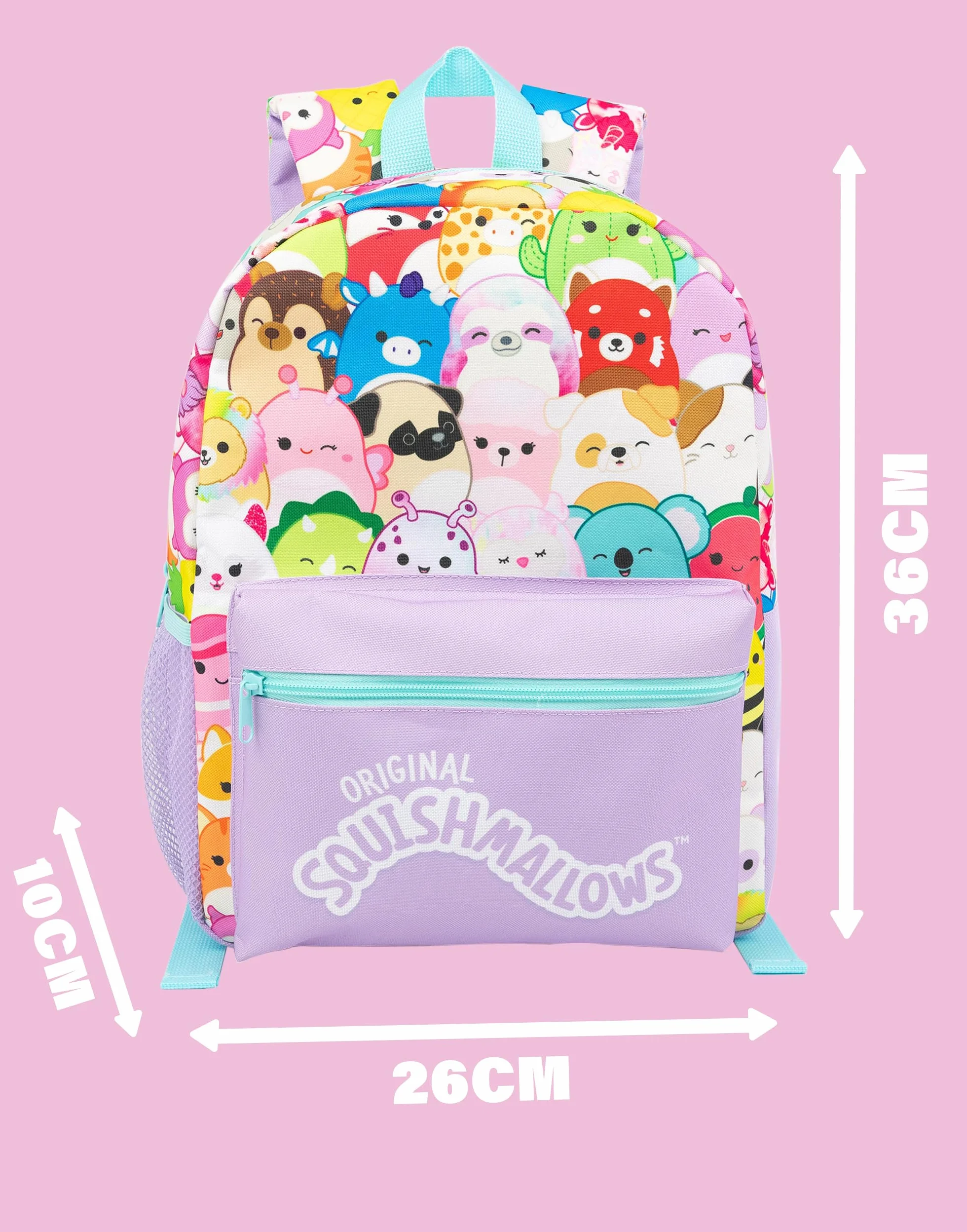 Squishmallows Girls Backpack Zestaw 4 elementowy plecak torba lunch butelka woda piórnik Fioletowy