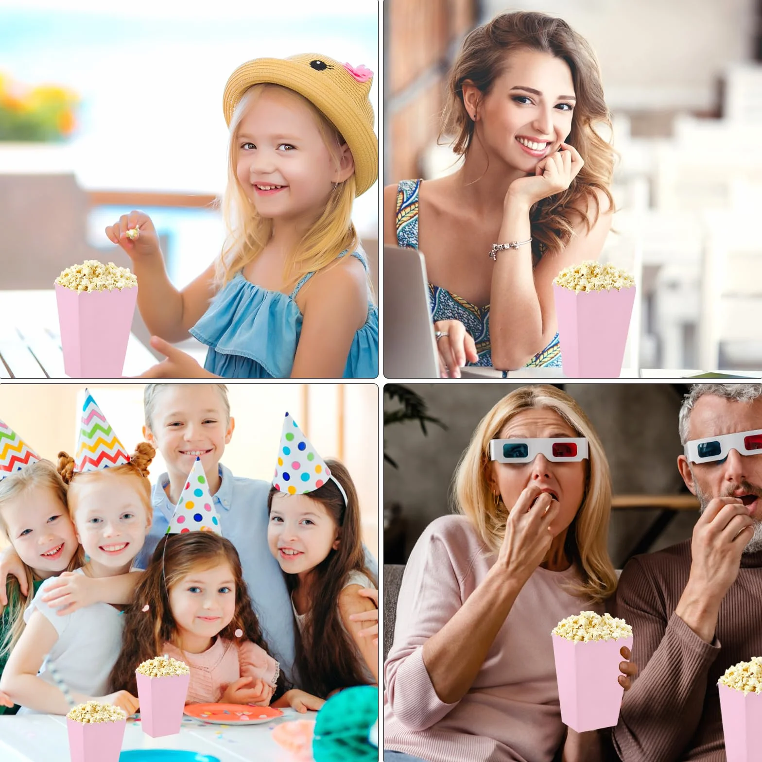 Pudełka na popcorn, 48 sztuk, małe różowe pudełka na popcorn, pojemniki na popcorn, torebki na popcorn, cukierki, przekąski, popcorn i cukierki do teatru, kina i karnawału