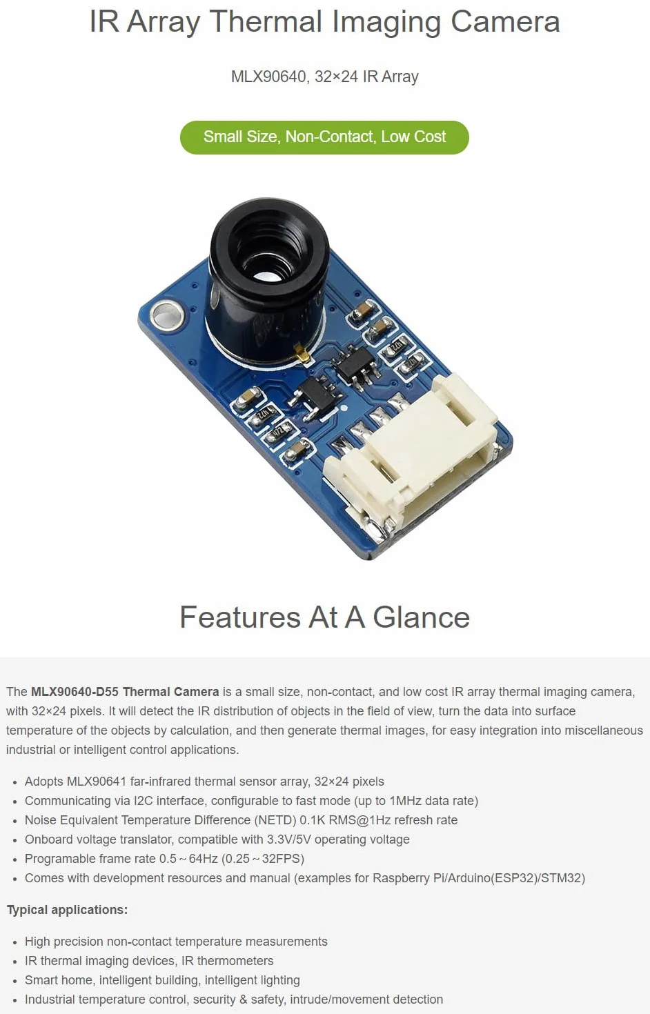 Waveshare MLX90640 IR Array Thermal Imaging Camera with 32×24 Pixels 55° Field of View Communicating via I2C Interface Supports Raspberry Pi/ESP32/STM32