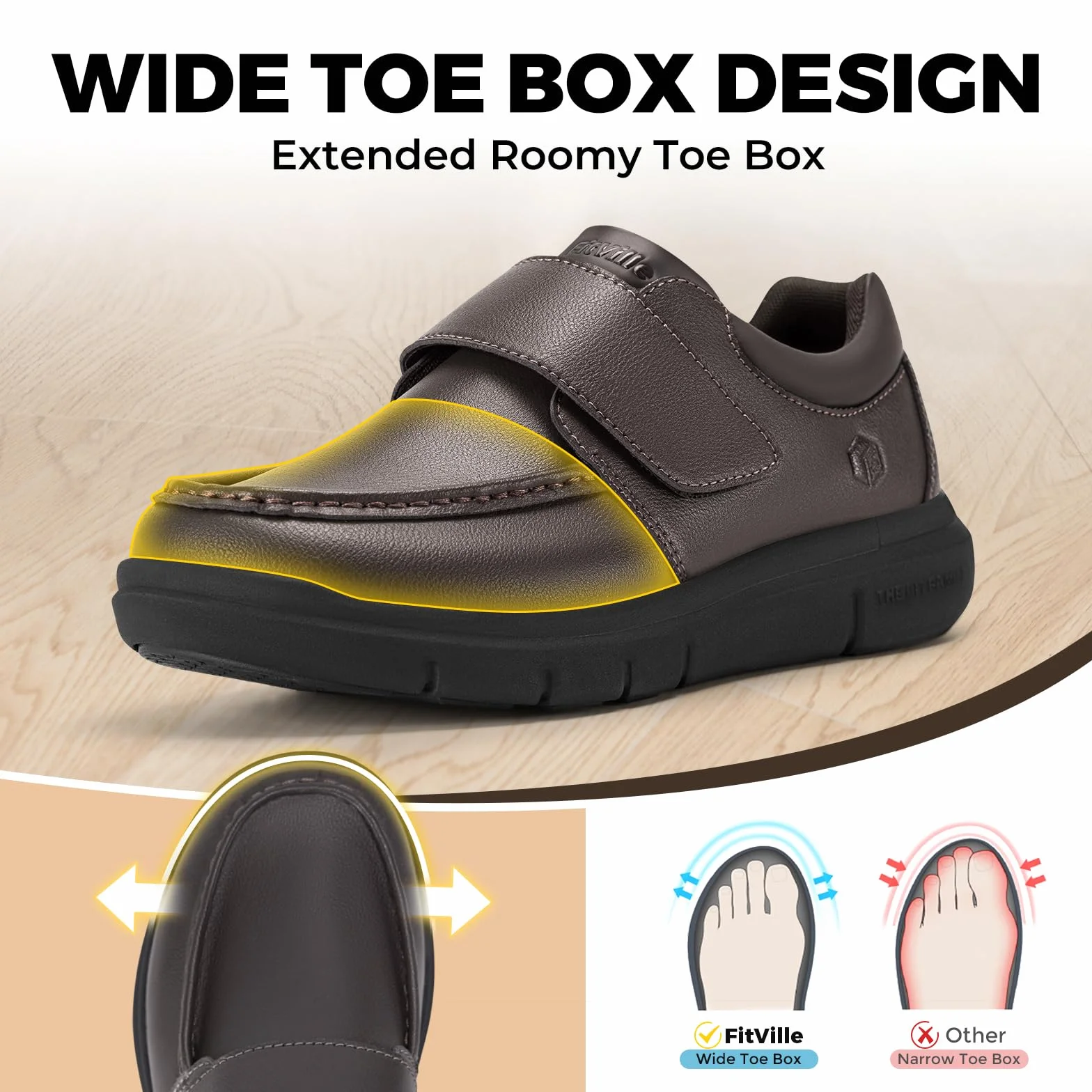 FitVille Diabetic Shoes Męskie bardzo szerokie skórzane buty ortopedyczne z regulowanymi kapciami na rzepy Wygodne codzienne buty do chodzenia dla opuchniętych stóp