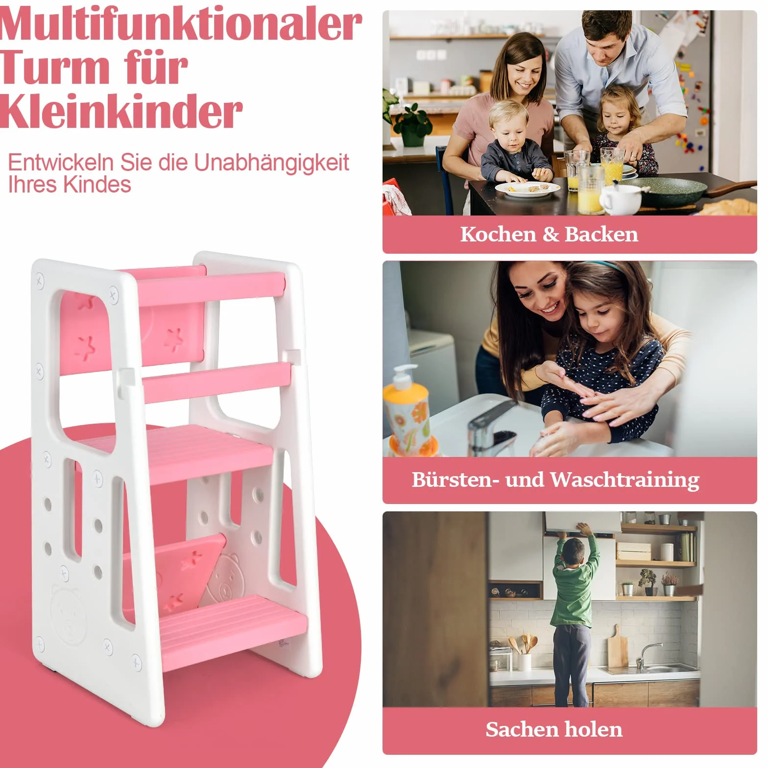 COSTWAY Wieża edukacyjna z 2 stopniami regulacji wysokości, wieża edukacyjna z poręczą ochronną, krzesło edukacyjne, pomocnik kuchenny dla dzieci w wieku 18-60 miesięcy (różowa)