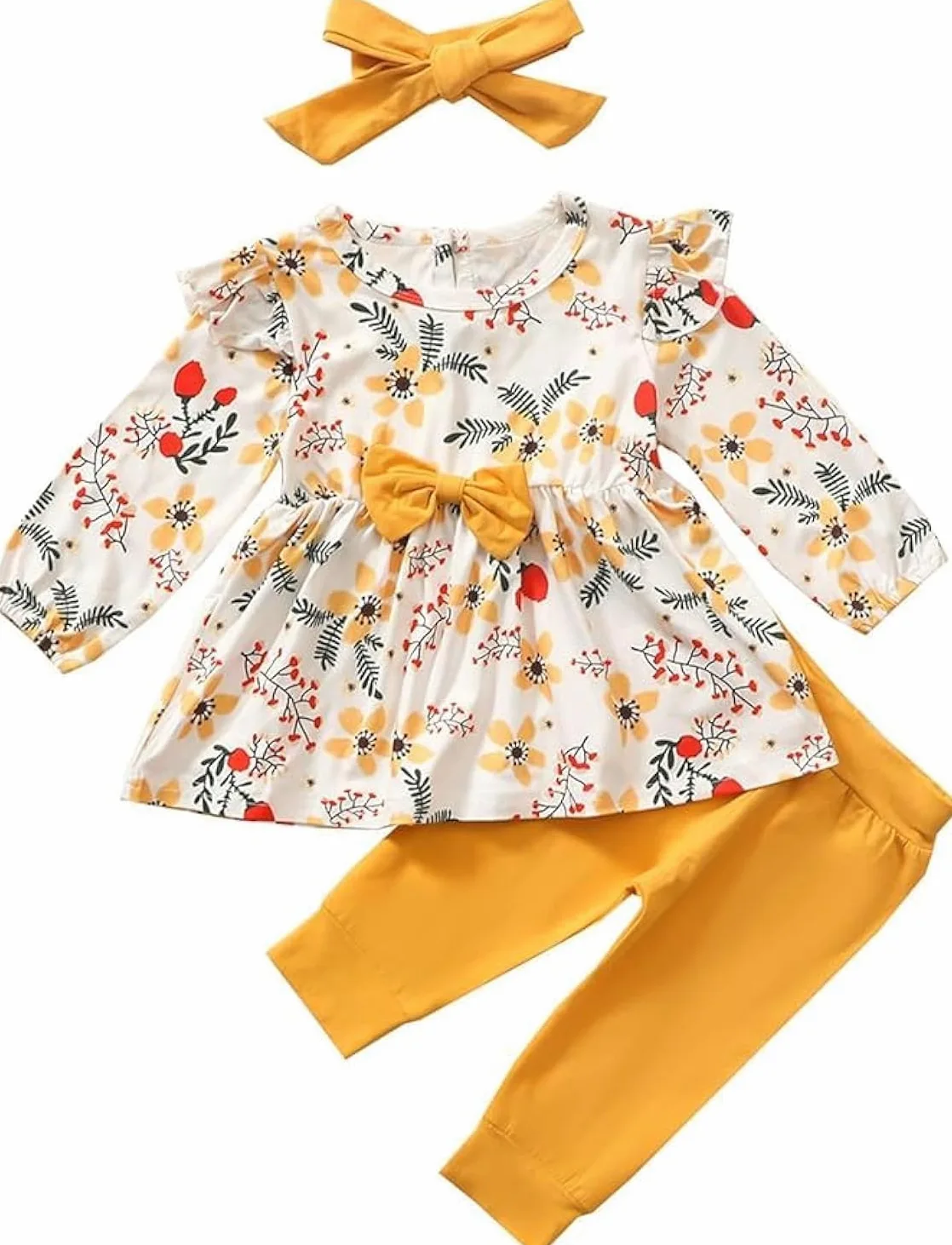 Dziewczęca odzież Bow Floral falbanka z długim rękawem top + spodnie + opaska na czoło 3 szt. zestawy odzieży