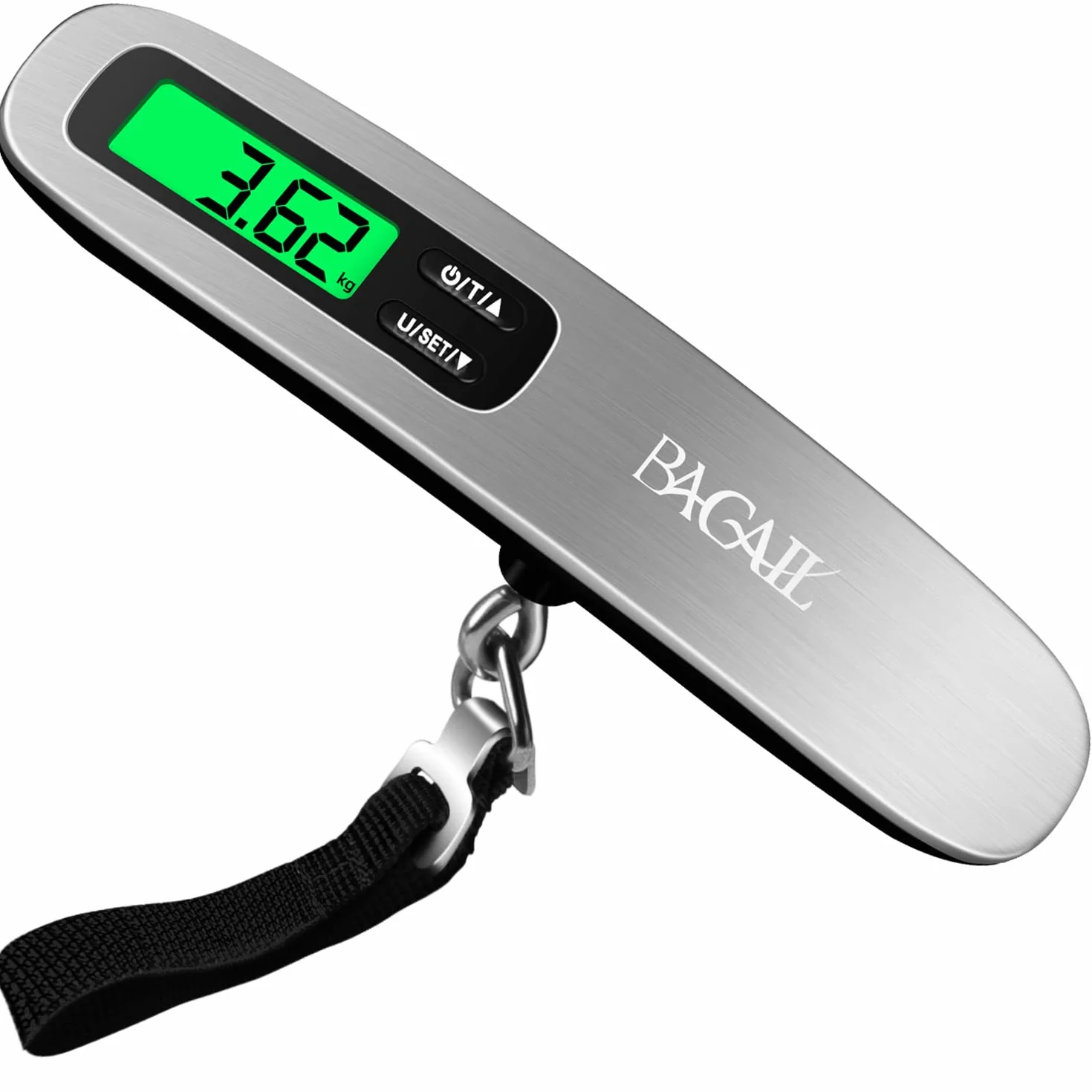 BAGAIL Cyfrowa waga bagażowa z podświetlanym wyświetlaczem LCD, funkcja tary, przenośna waga wisząca do walizki, kuchni i wędkowania, w zestawie bateria, maksymalna waga do 50 kg, SCALE003-SILVER