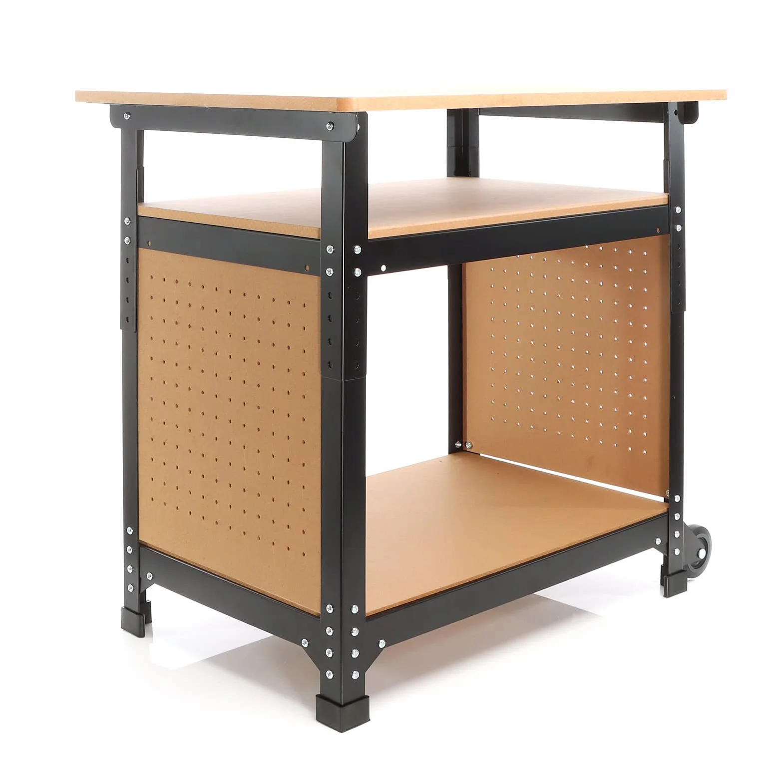 XPOtool Stół warsztatowy, 68 x 50 x 66-82 cm, ruchomy, regulowany na wysokość, z 2 kółkami i 2 półkami, warsztat