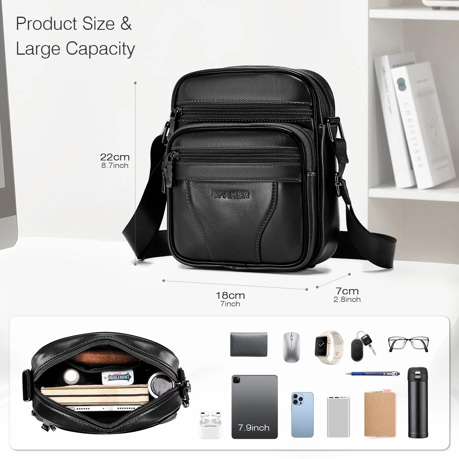 SPAHER Męskie Torby na Ramię Skórzana Torba Podręczna na Ramię Męska Duża Torebka Listonoszka Saszetka Męska Skórzana Shoulder Messenger Crossbody Bag Men Hand Bag