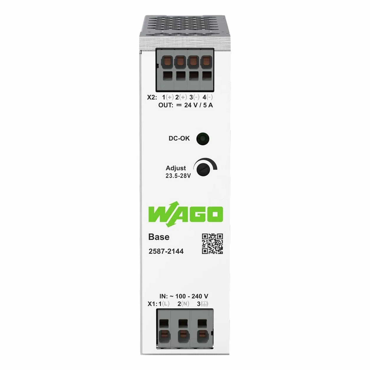 WAGO 2587-2144 – przełączany tryb zasilania, 1-fazowy, 24 VDC, 5 A, DIN Rail Mount, DC-OK LED