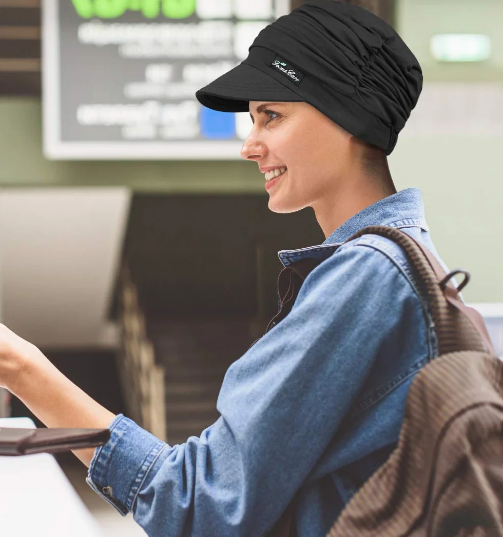 FocusCare Miękkie czapki dla kobiet po chemioterapii bambusowa czapka z daszkiem turbany na wypadanie włosów, Niebieski-BX, rozmiar uniwersalny