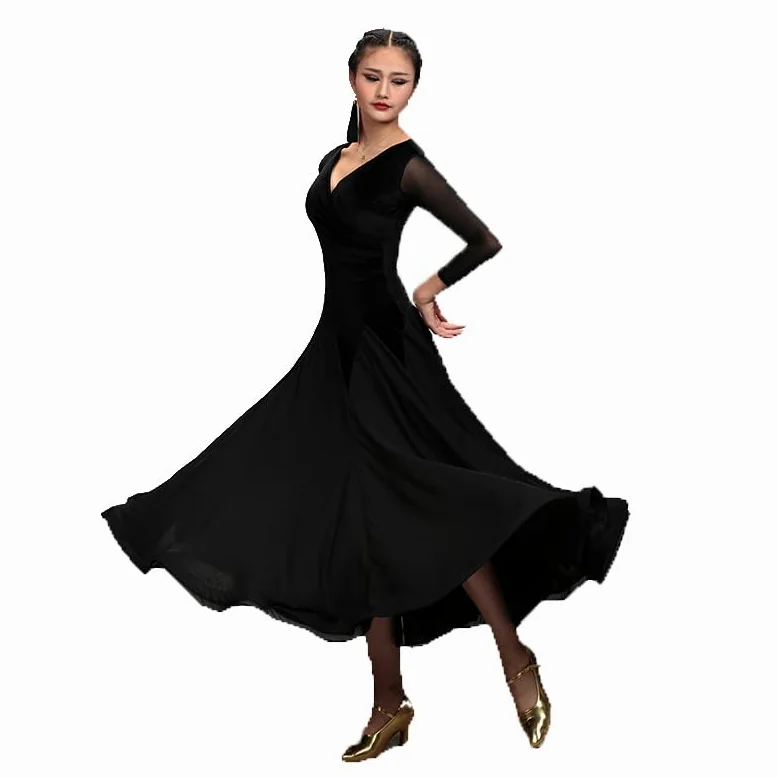 Damskie sukienki do tańca towarzyskiego z dekoltem w serek strój do Występ tańca tango Strój do salsy i walca z długim rękawem Kostiumy do flamenco o efektownym rozkloszowaniu