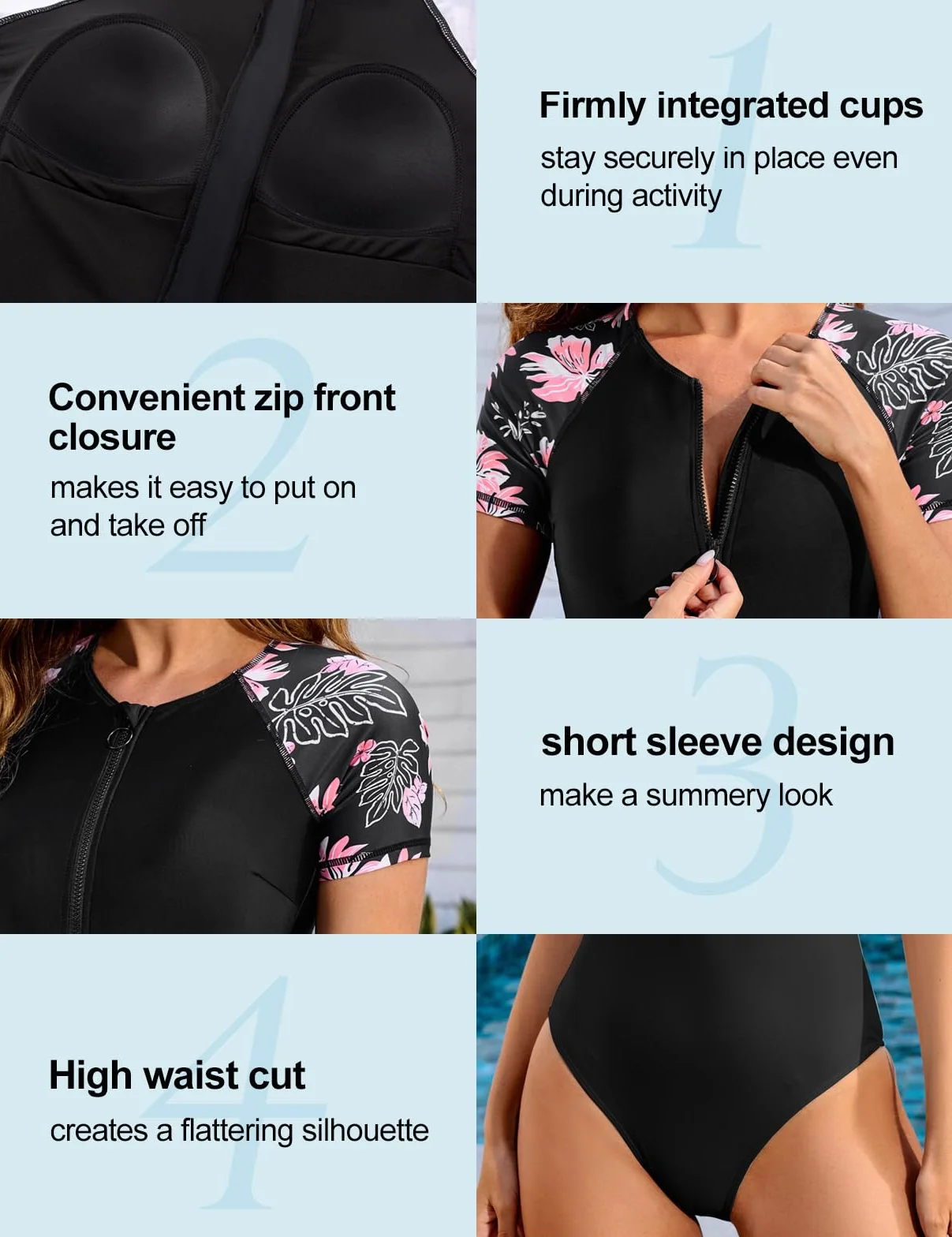Tuopuda Strój kąpielowy damski reduktor jednoczęściowy z zamkiem z przodu, monokini z wkładkami, vintage nadruk, slim fit, do pływania i surfingu
