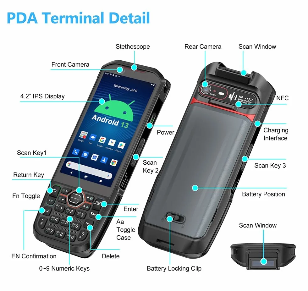 PDA Android 13 Skaner Kodów Kreskowych 6 GB 64 GB 4G LTE NFC