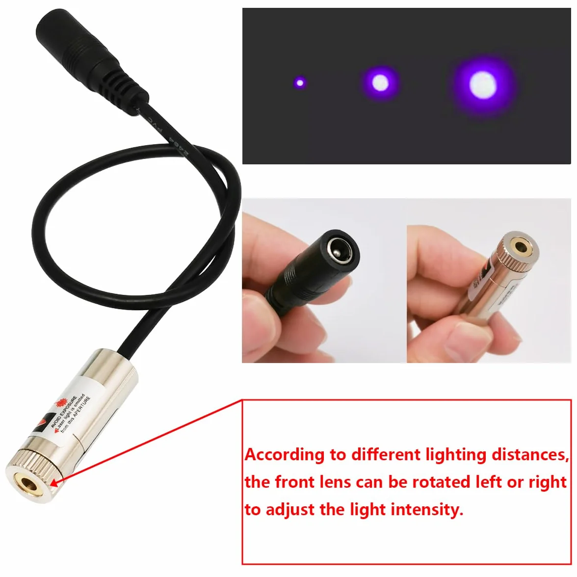 CTRICALVER Kit de módulo láser de foco ajustable, Diodo de módulo láser industrial de 405 nm, 3-5V, Conector DC de 2,1 mm + Kit de fuente de alimentación (Forma de la fuente de luz: Punto morado)