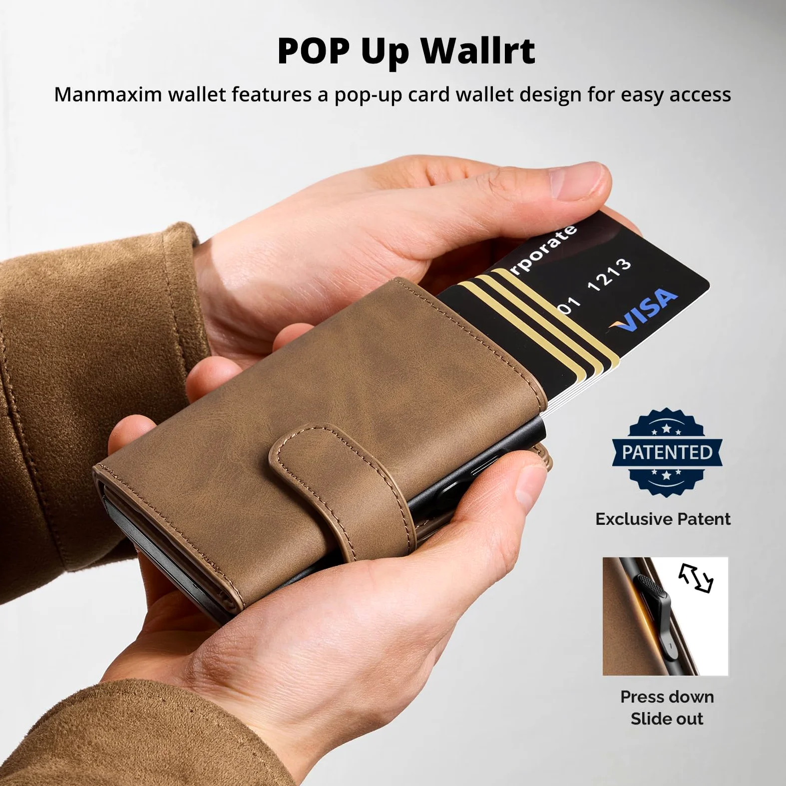 Slim Wallet z kieszenią na monety, męski portfel z ochroną RFID, portfel męski Slim Smat Wallet, etui na karty pop-up, na 10 kart, portfel męski, B03 - brązowy, Dreifach gefaltet, Minimalistyczny