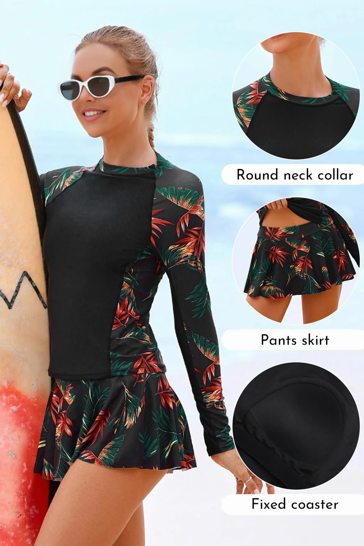 SHEKINI Damski dwuczęściowy zestaw Rash Guard z długim rękawem UPF 50+, wyszczuplający brzuch, sukienka kąpielowa z szortami typu tankini rashguard, moda kąpielowa dla kobiet