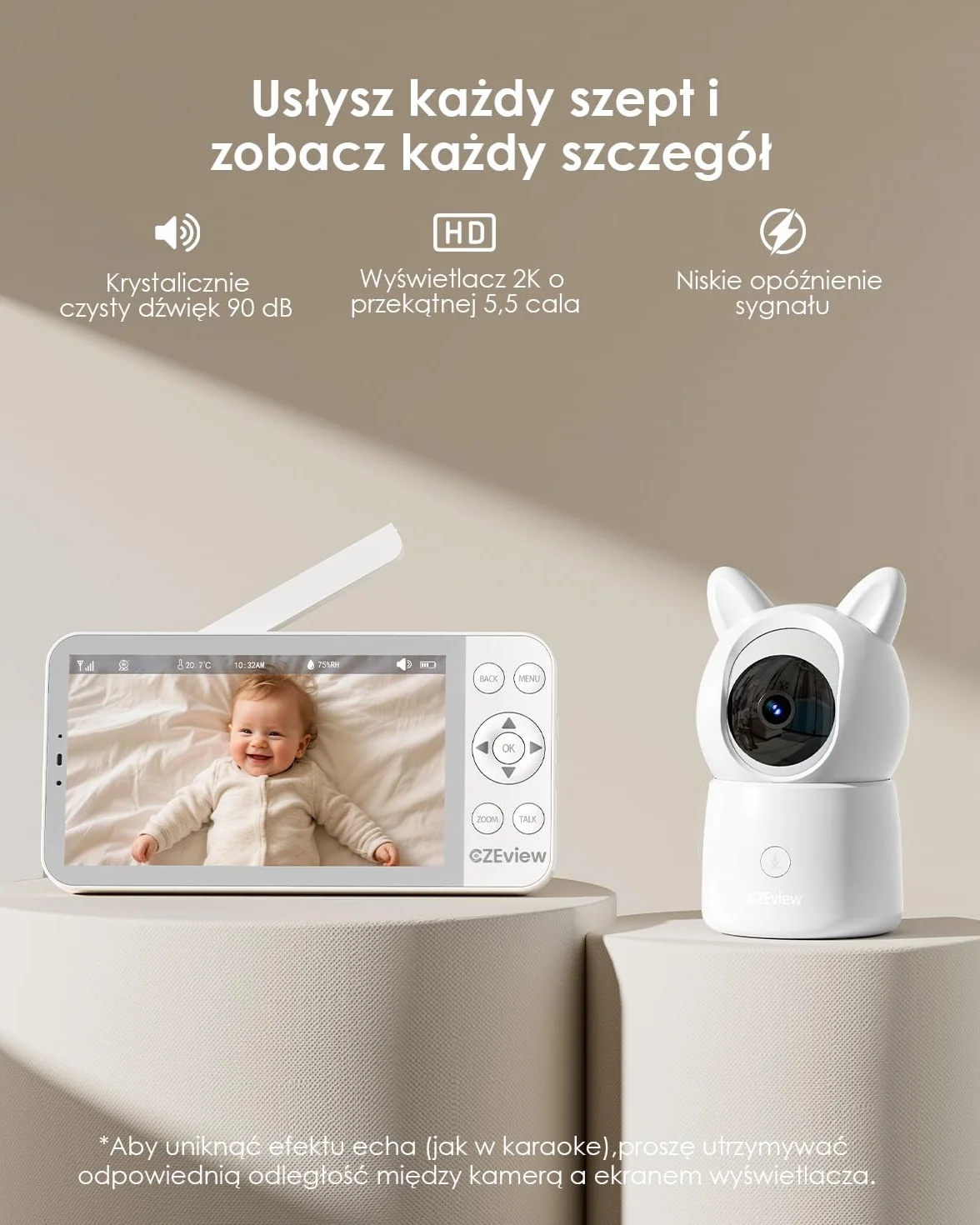 CZEview Elektroniczna niania 5,5" z kamerą i aplikacją, 2 K HD, lampka nocna, noktowizor, WLAN, wideo, elektroniczna niania, muzyka, wykrywanie ruchu, hałasu i temperatury (Biały)