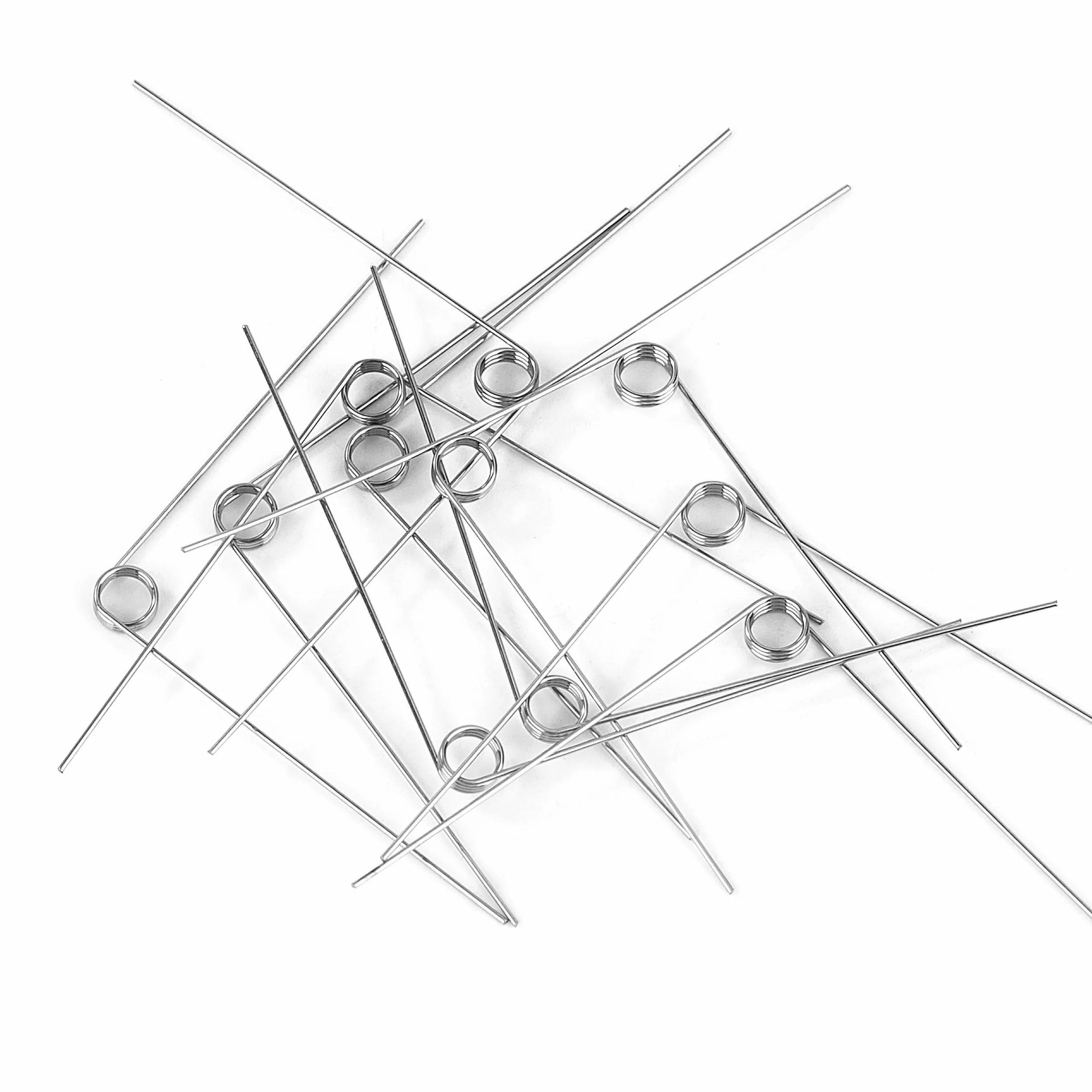 10 sztuk sprężyn skrętnych ze stali nierdzewnej, średnica drutu 0,4 mm, średnica wewnętrzna 3 mm, długość ramienia 30 mm, kąt 90°, 3 obroty proste 0,4x3x30 mm