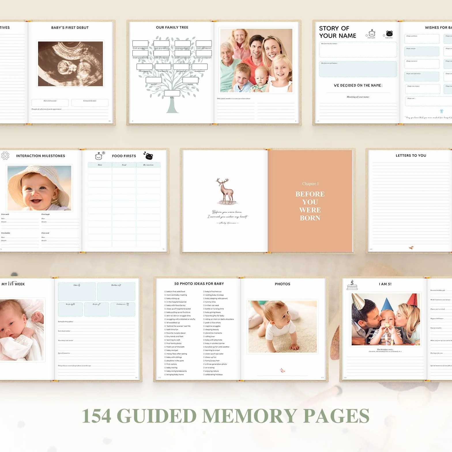 Lanpn Hello Baby Pierwsza 5-letnia książka pamiątkowa dla noworodka, liana twarda okładka, pamiętnik dla nowych rodziców, album fotograficzny, kamień milowy (beżowy,}