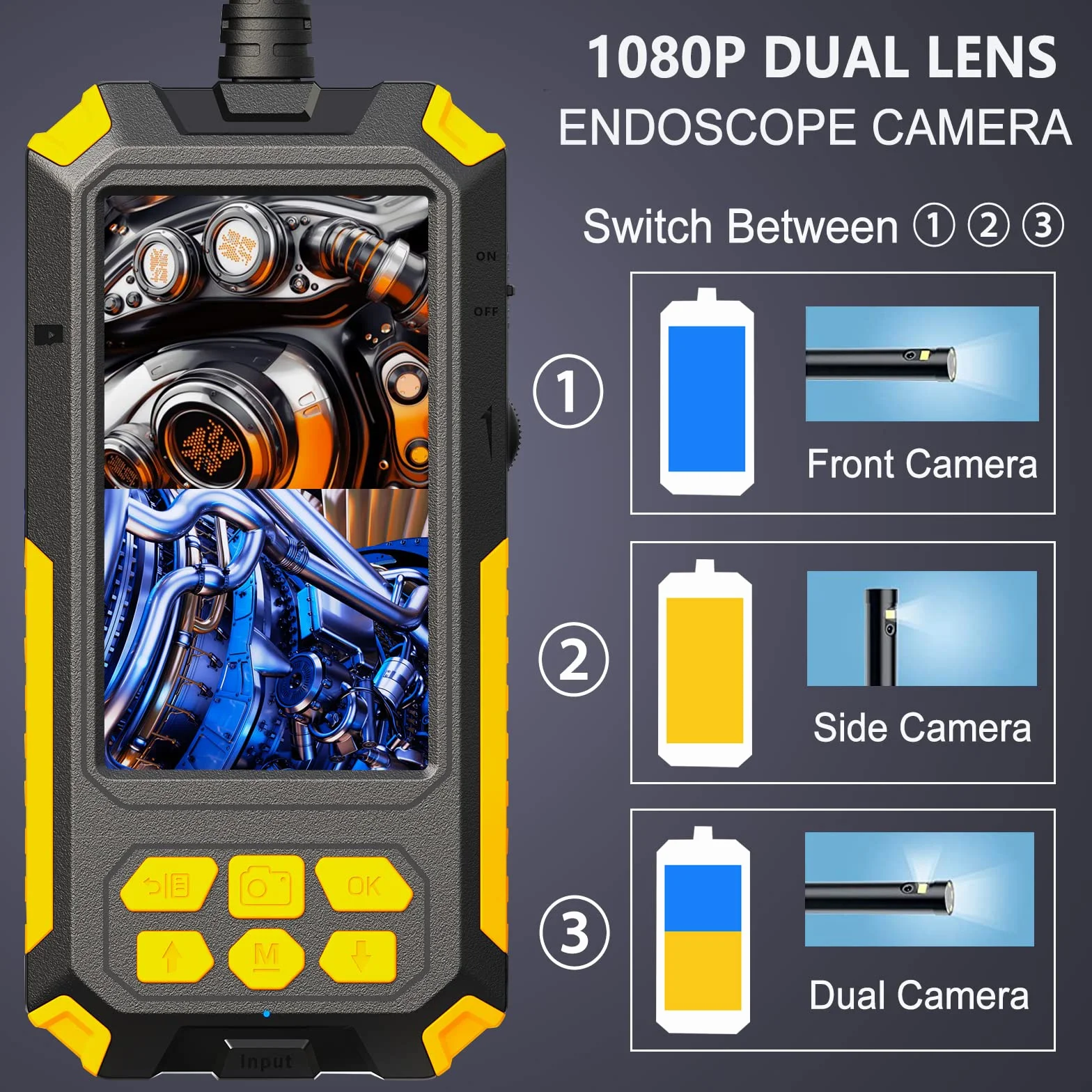 Dual Lens kamera endoskopowa 1080p HD, kamera inspekcyjna ze światłem, wodoszczelna IP67, kamera rurowa z ekranem IPS 4,5", półsztywny kabel, karta 32G (5 m)