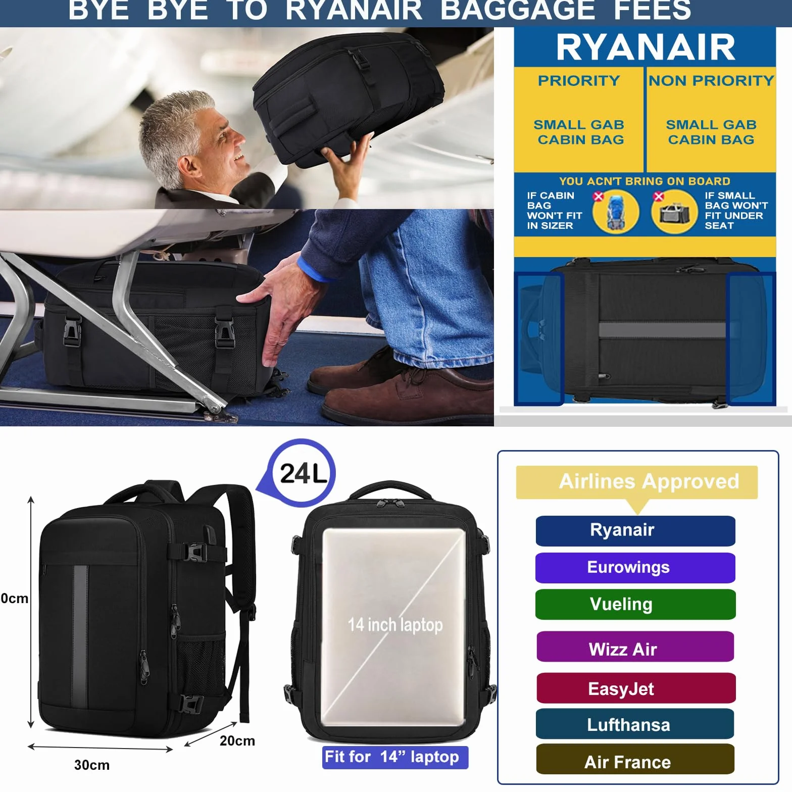 Bagaż Podręczny 40x30x20 Plecak do Ryanair, 24L Plecak Podróżny Męski i Damski do Eurowings, Wizzair, Vueling,Torba Kabinowa na Siedzenie,Czarny