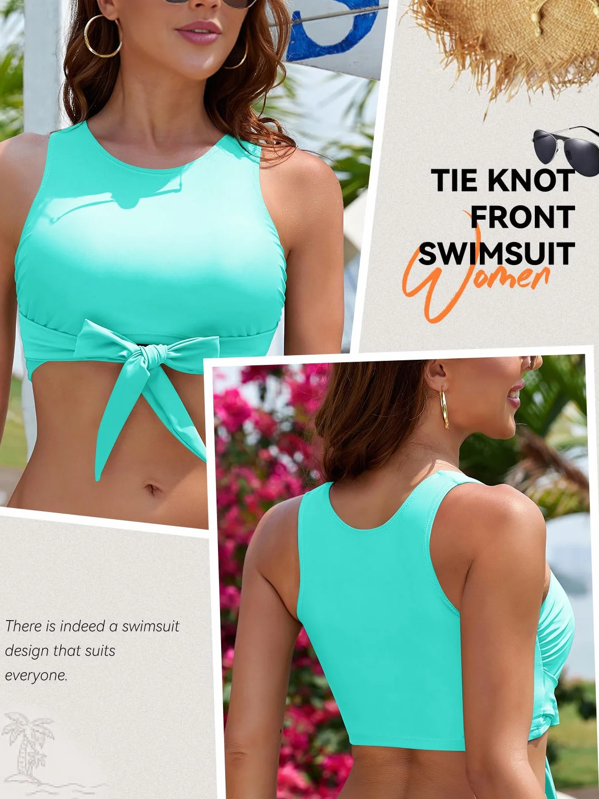 SHEKINI Damskie bikini top top z węzłami High Neck Tank Top, strój kąpielowy, sznurowana górna część bikini, sportowy strój kąpielowy