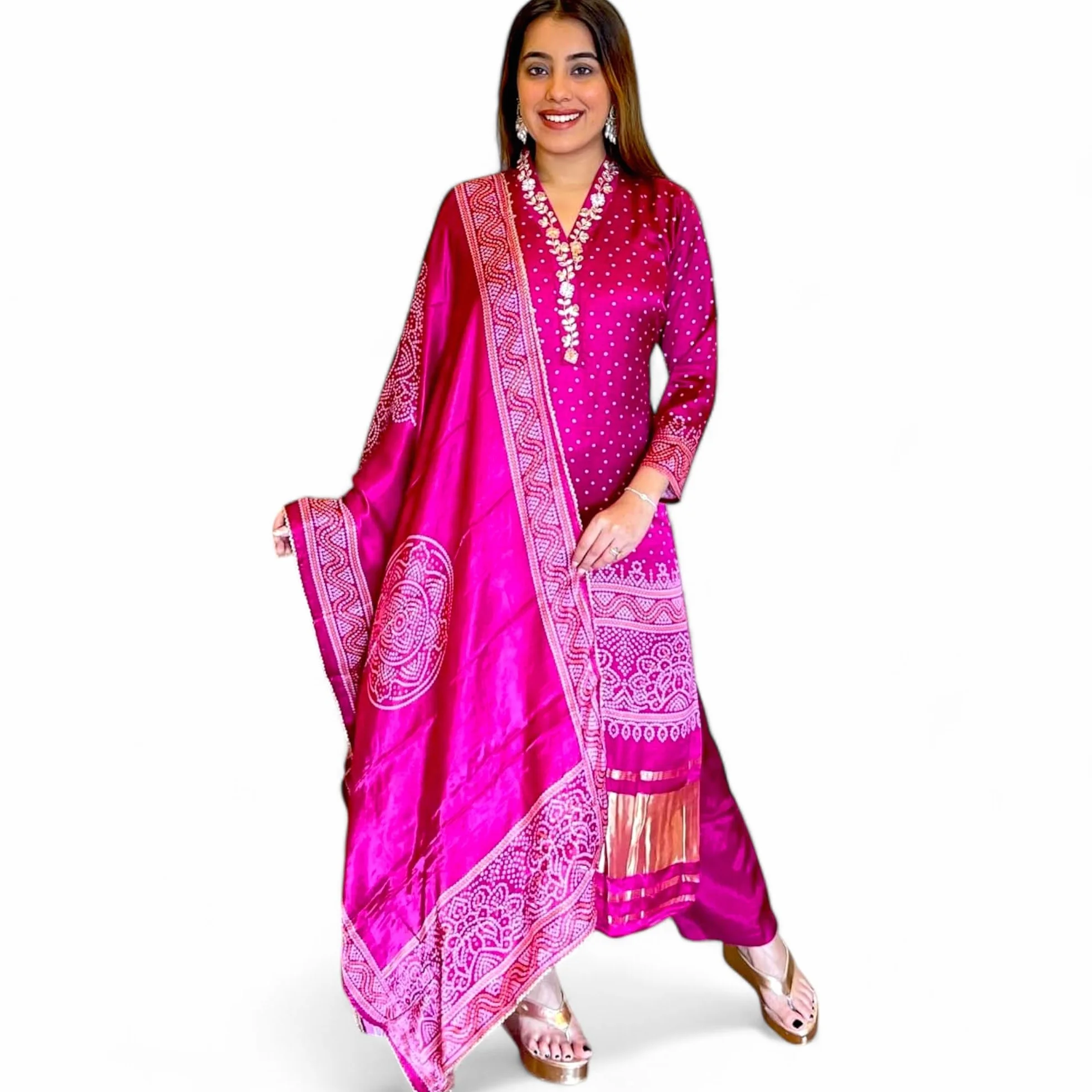 RangMahal Indyjskie damskie spodnie Chinon z jedwabnej tkaniny Kurta i Dupatta Set Heavy Work