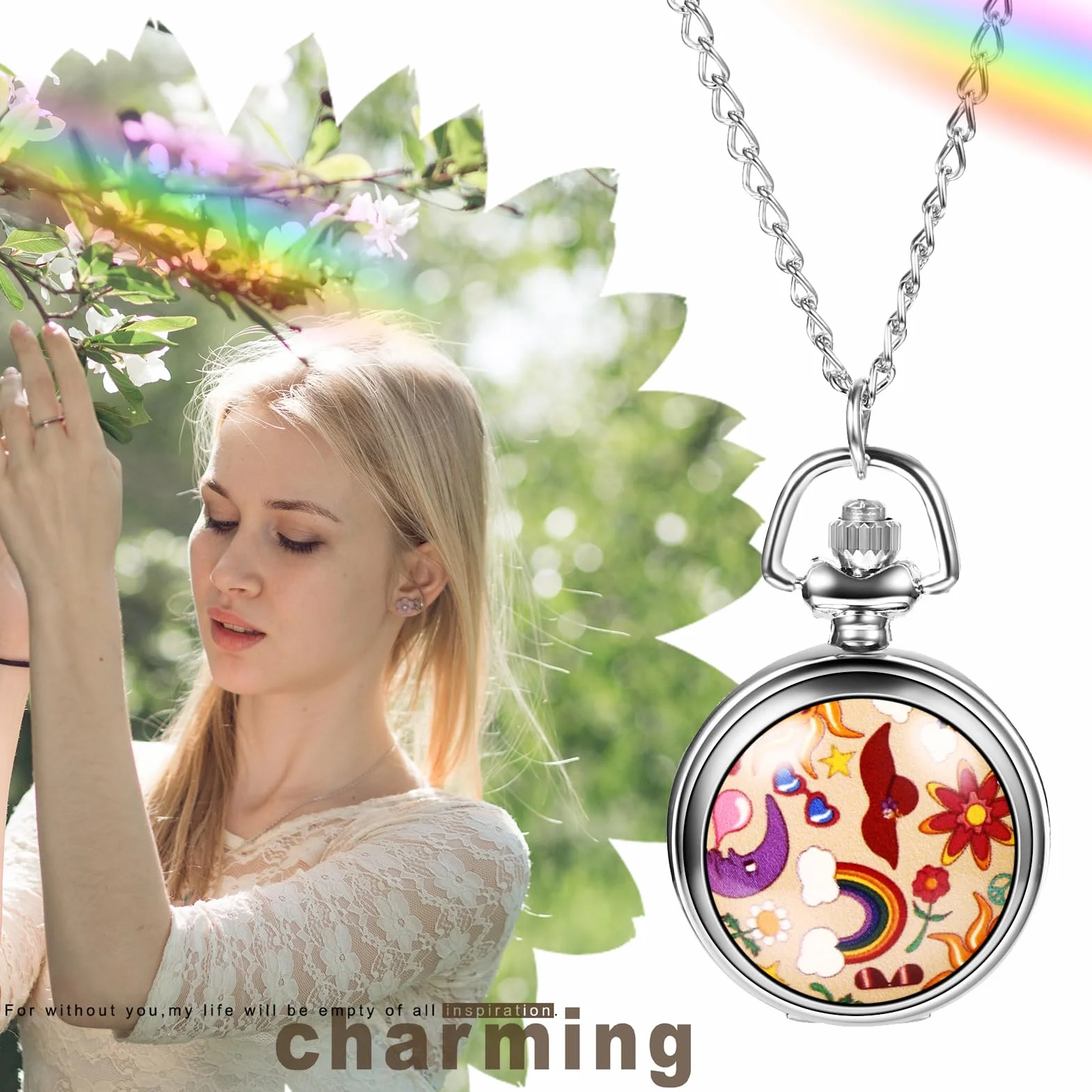 JewelryWe Zegarek kieszonkowy damski, elegancki zegarek z motywem drzewa życia/czaszki/motyla/anioła, dziewczęcy, analogowy zegarek kwarcowy z łańcuszkiem, kieszonkowy, prezent, różowe złoto, Srebrny