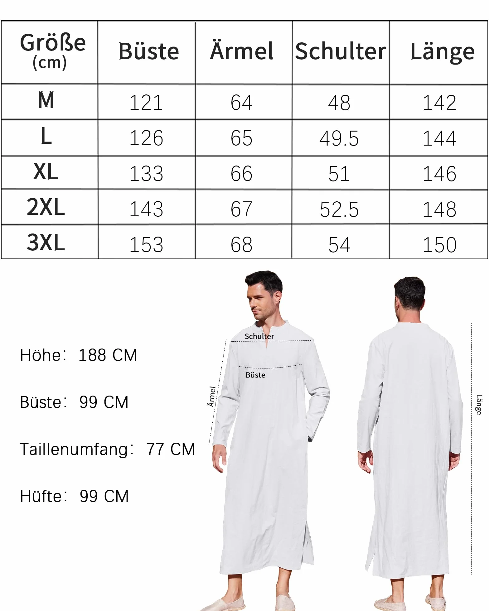 LVCBL Kaftan męski kaftan z długim rękawem, męski, długie Thobe, z kieszeniami, uniwersalny krój, M-3XL