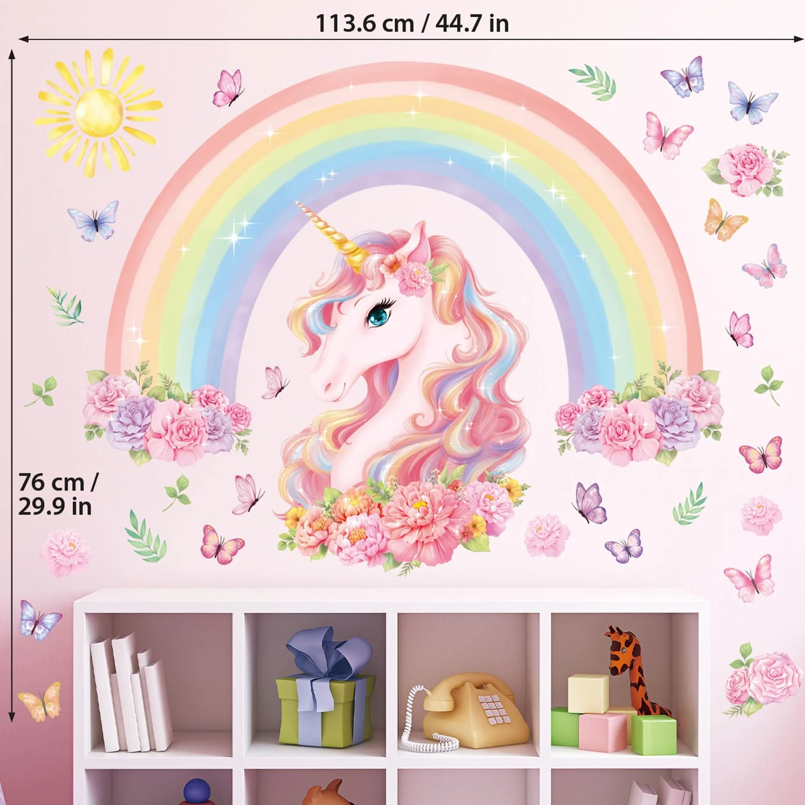 DECOWALL SG2-2413 duży tatuaż ścienny z tęczą i jednorożcem do pokoju dziecięcego, dekoracja do domu, sztuka, różowy, pokój dziewczynki, tęcza, sypialnia, kolorowe dekoracje, zwierzęta, pokój zabaw