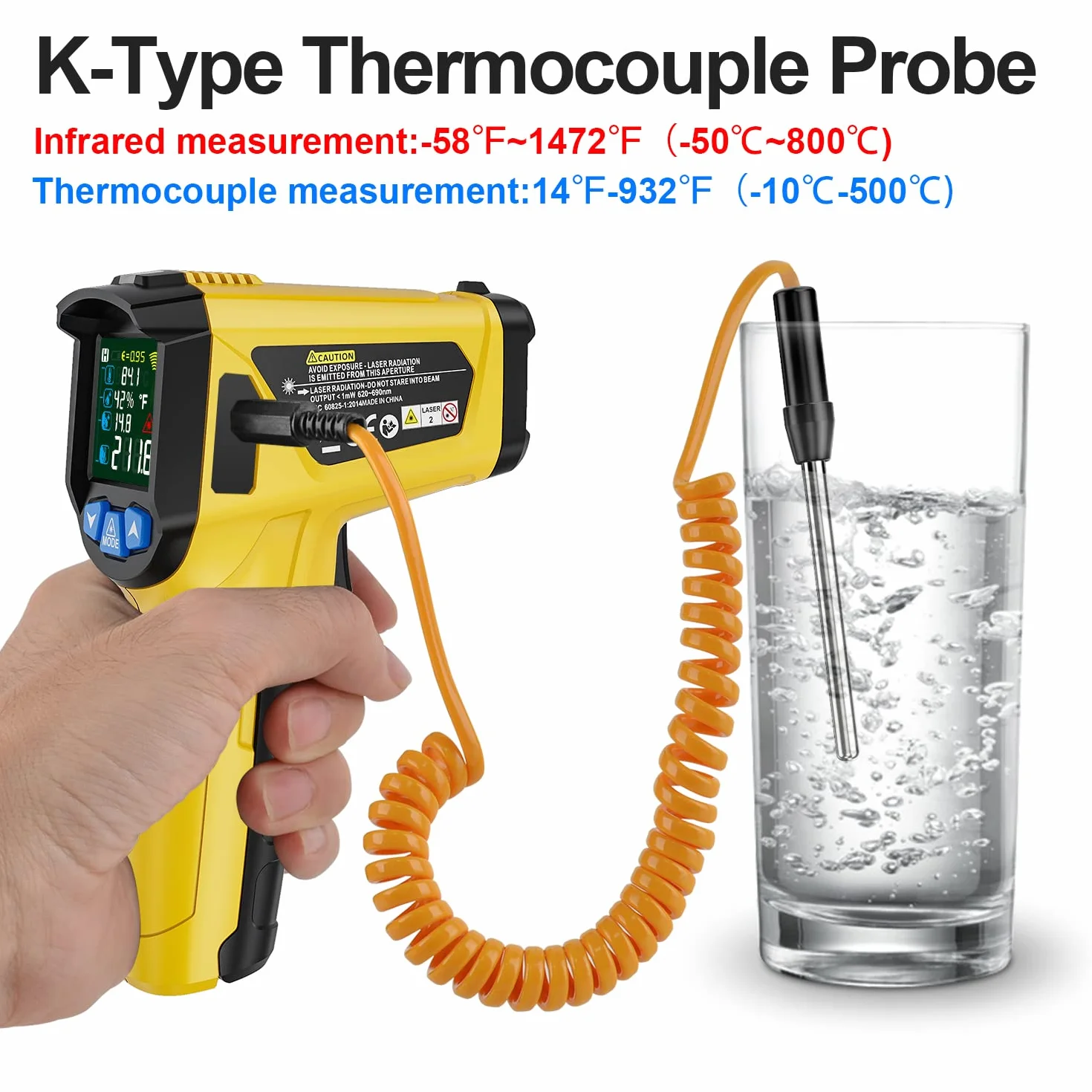 Termometr na Podczerwień Pistolet Cyfrowy Laserowy Temperaturowy z K-Sondą MESTEK Bezdotykowy Kolorowy Ekran LCD 50℃~800℃ Regulowana Emisyjność Wilgotność Gotowanie Piekarnik Grillowania Pizza Lodówka