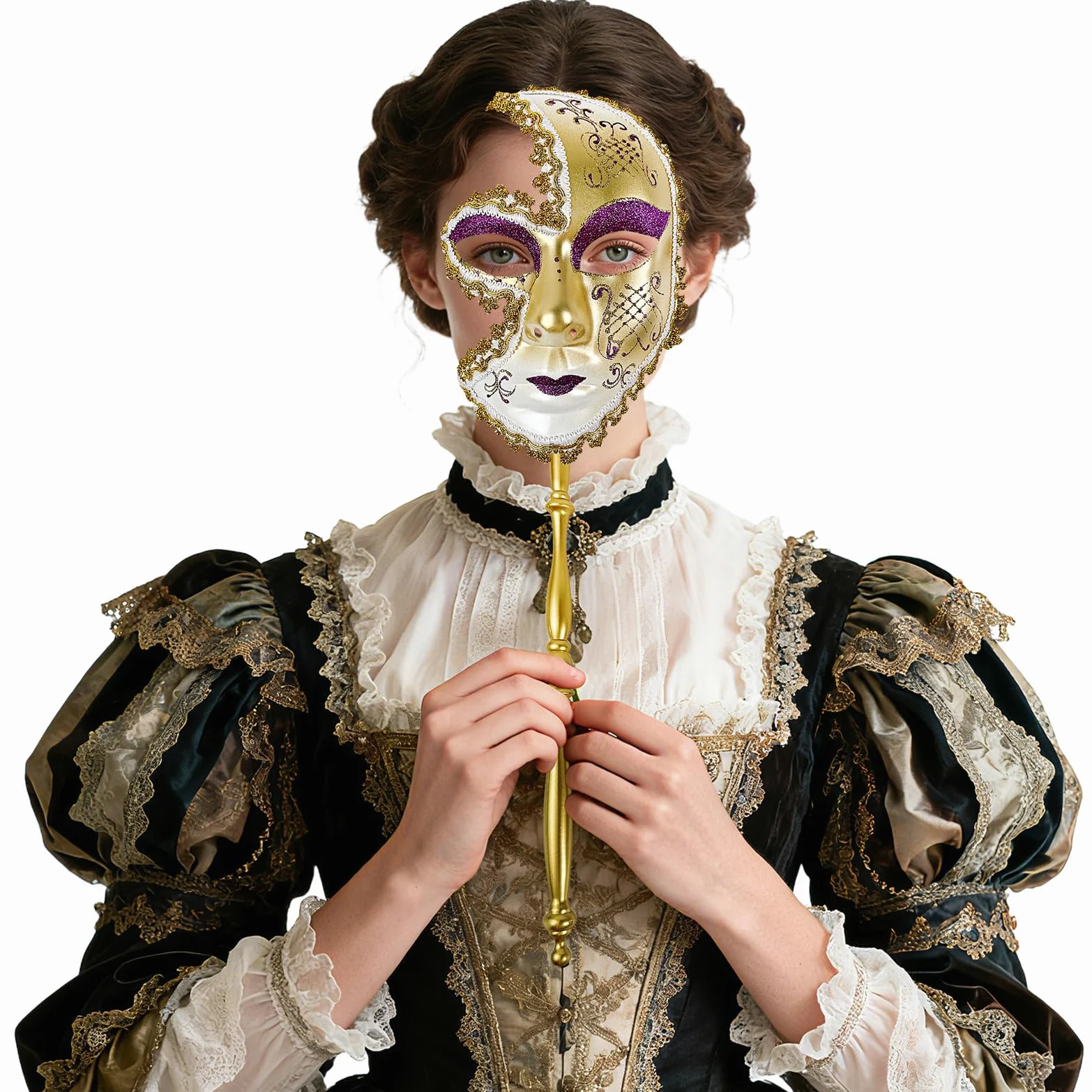 JewelryWe Maska wenecka z prętem: 4 sztuki Phantom Der Opera Handheld pełna maska vintage gotycka dla kobiet i mężczyzn, maska na oczy, kostium teatralny, na Halloween, karnawał, imprezę gotycką, bal