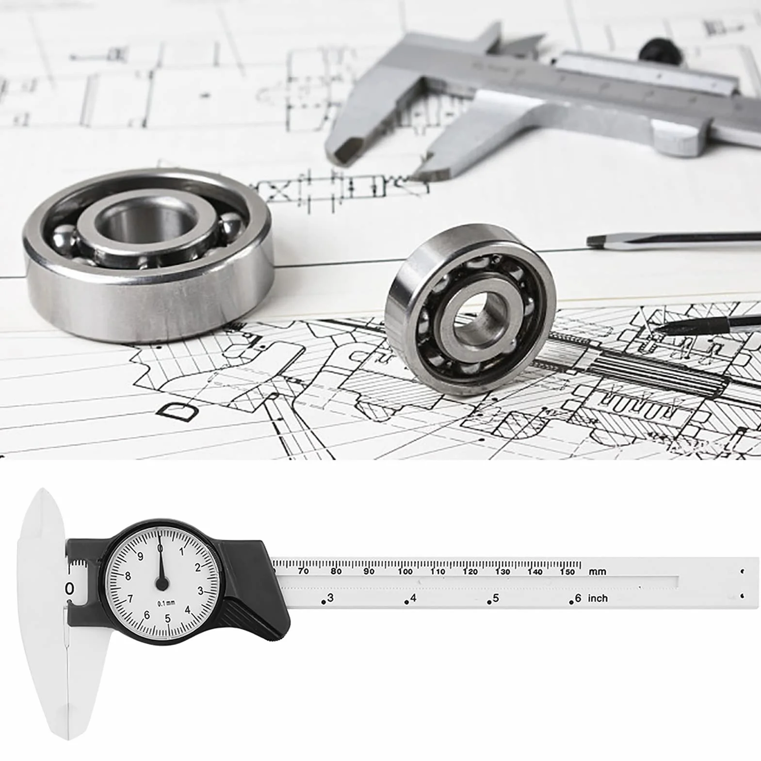 Vernier Suwmiarka 0,01 mm, szybkie i dokładne narzędzie pomiarowe z tworzywa sztucznego, do przemysłu biomedycznego, 0-150 mm (biały) + zacisk zegarowy