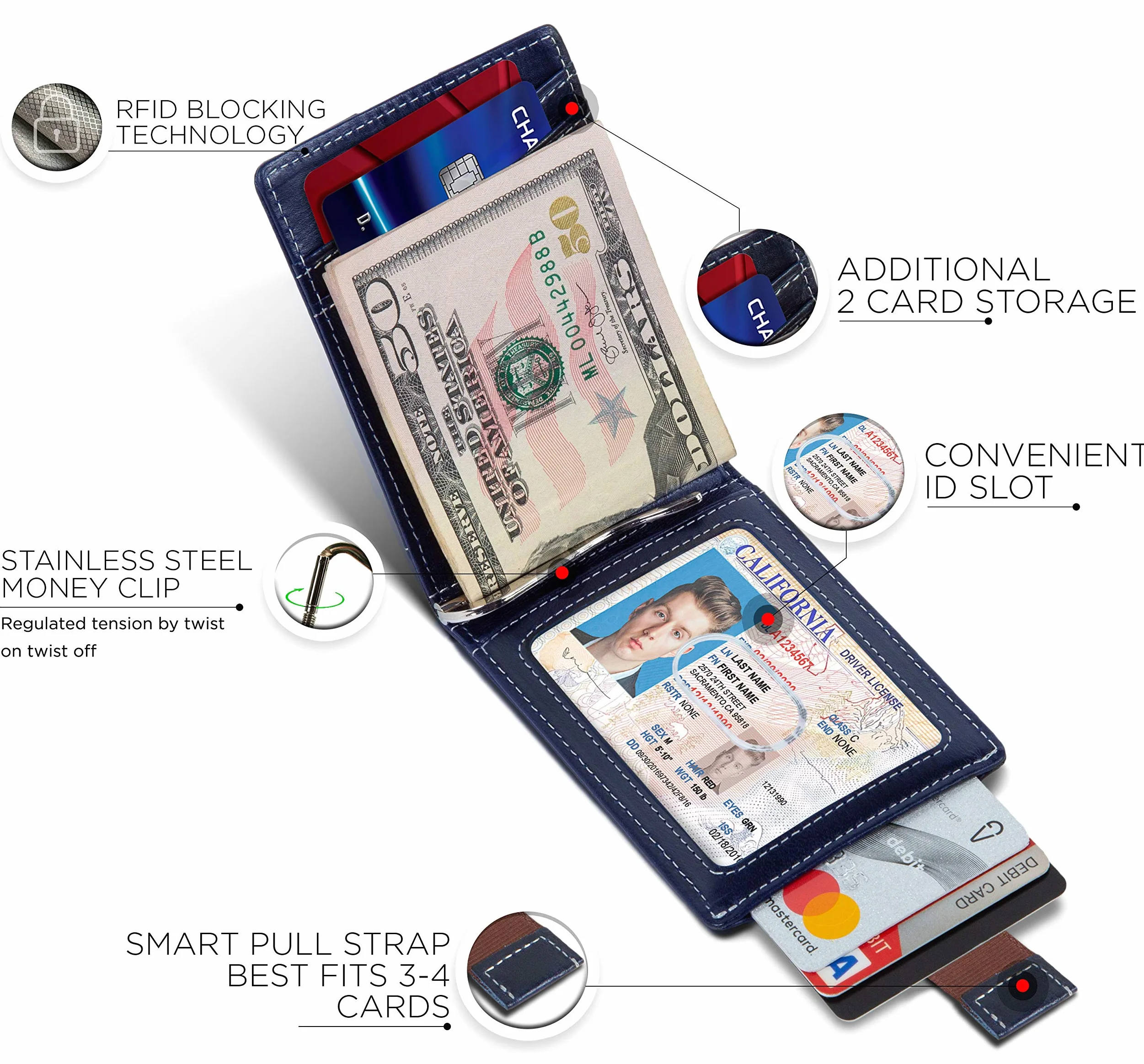 SERMAN Brands Blokowanie RFID, wąskie, podwójnie składane, z prawdziwej skóry, minimalistyczne portfele z przednią kieszenią dla mężczyzn z klipsem na pieniądze, cienkie męskie, Z. Atlantic Blue 1.0